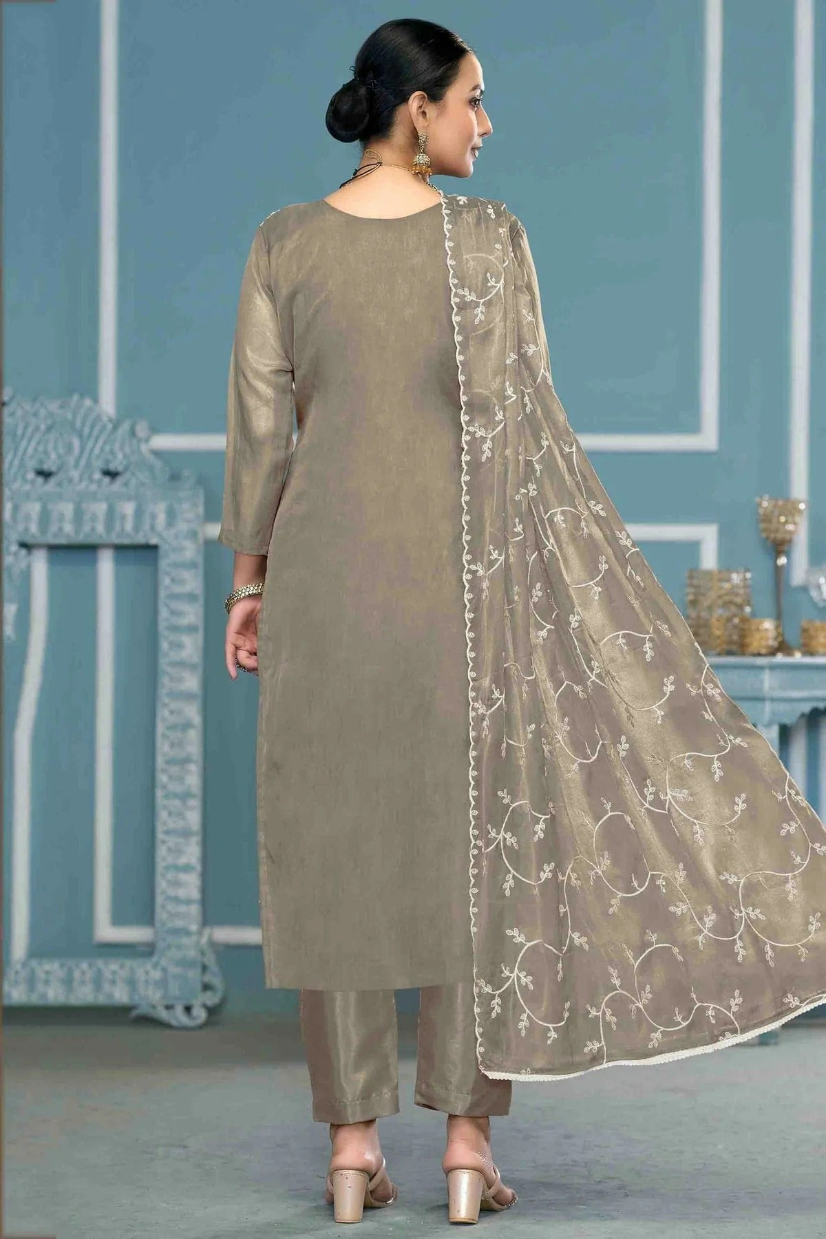 Grey Colour Viscose Organza Pant Style Suit SM1113202 A