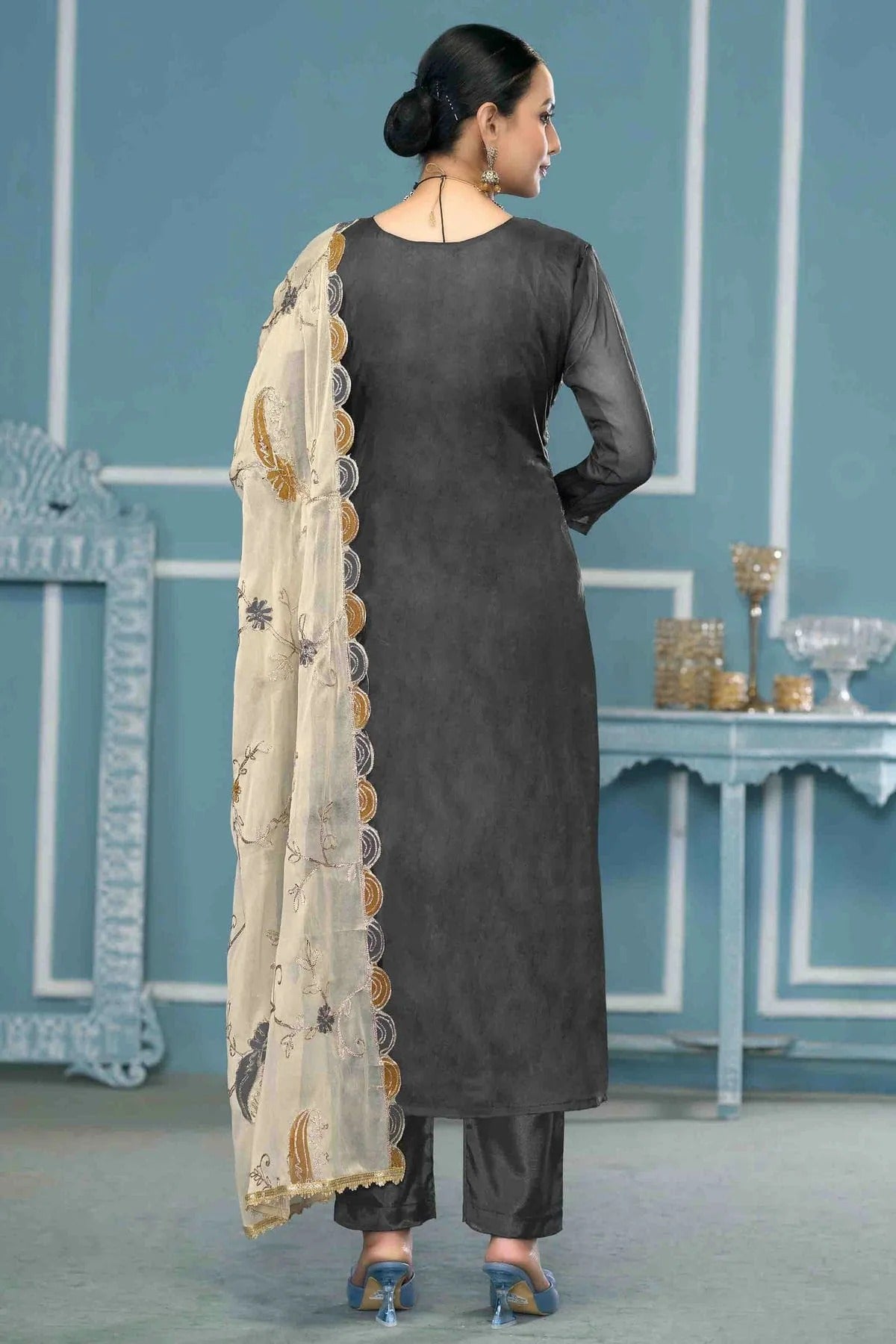 Grey Colour Viscose Organza Pant Style Suit SM1113262 A