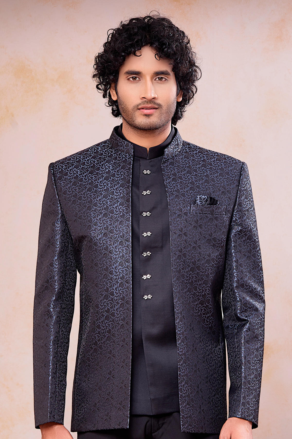 Grey and Black Colour Thread Work Embroidery Jacquard Jodhpuri