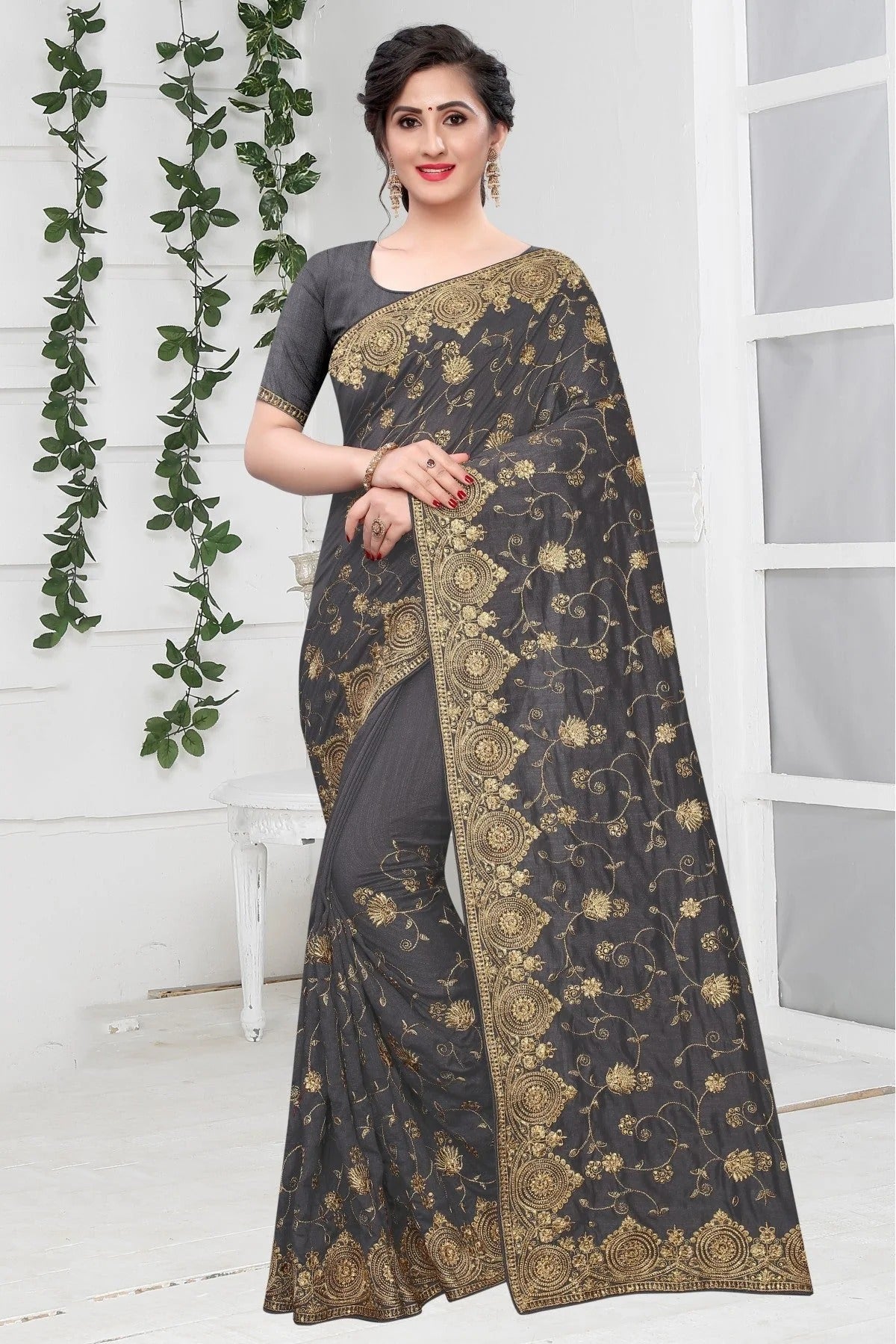 Grey and Blue Colour Vichitra Silk Designer Saree SD1090125