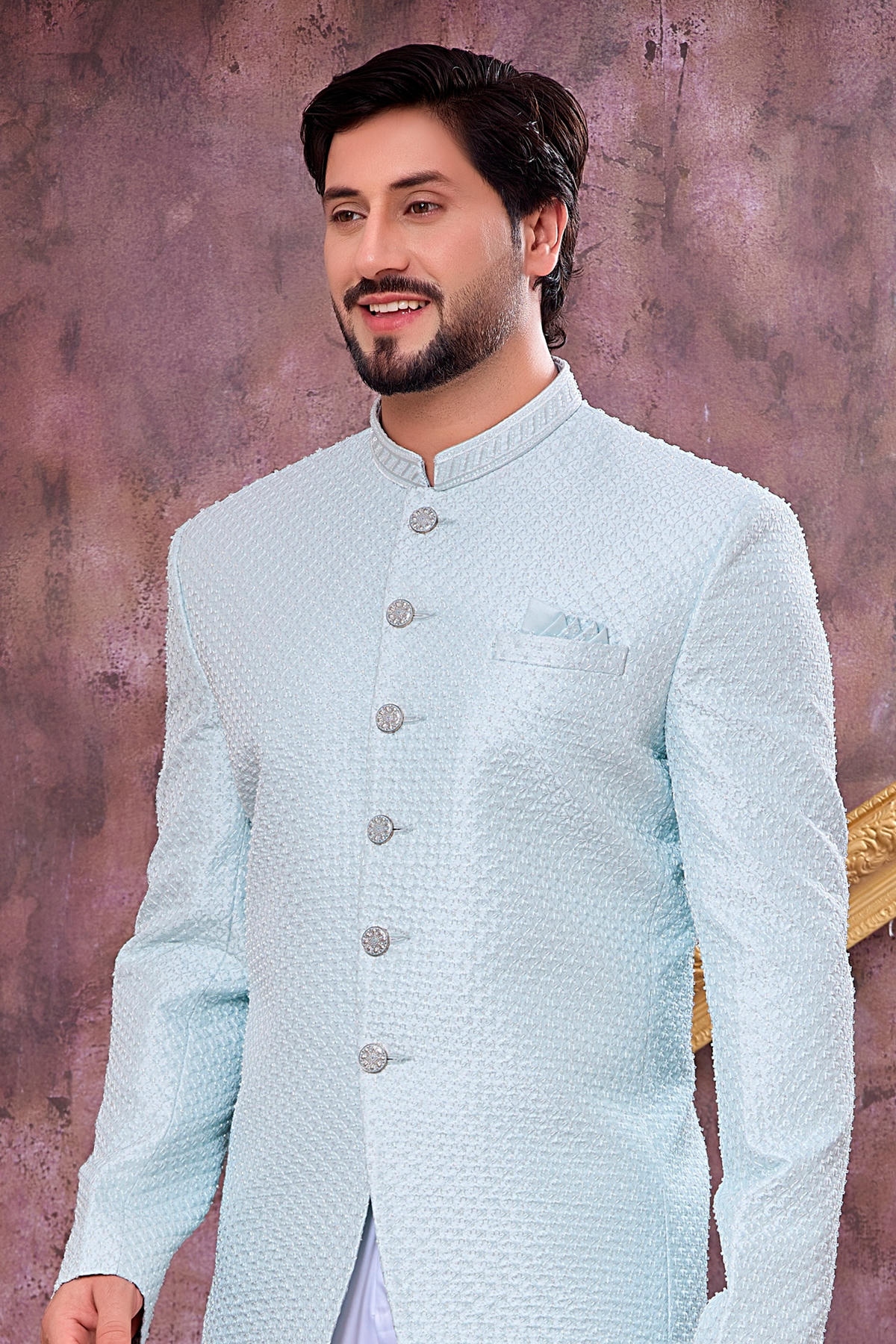 Ice Blue Colour Thread Work Embroidery Art Silk Jodhpuri