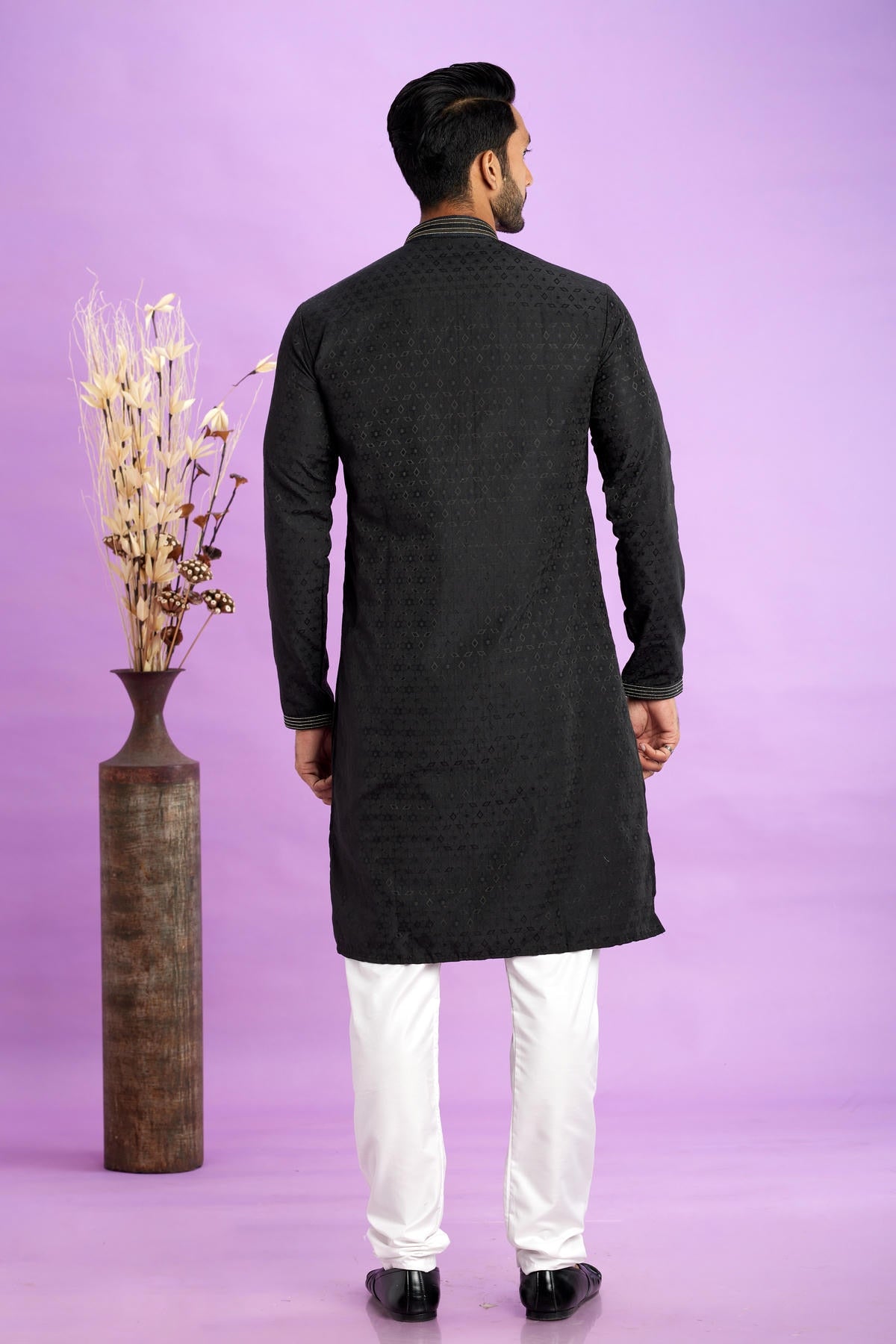 Jacquard Art Soft Silk Pintux Work Kurta Pajama In Black Colour KP1230498 3