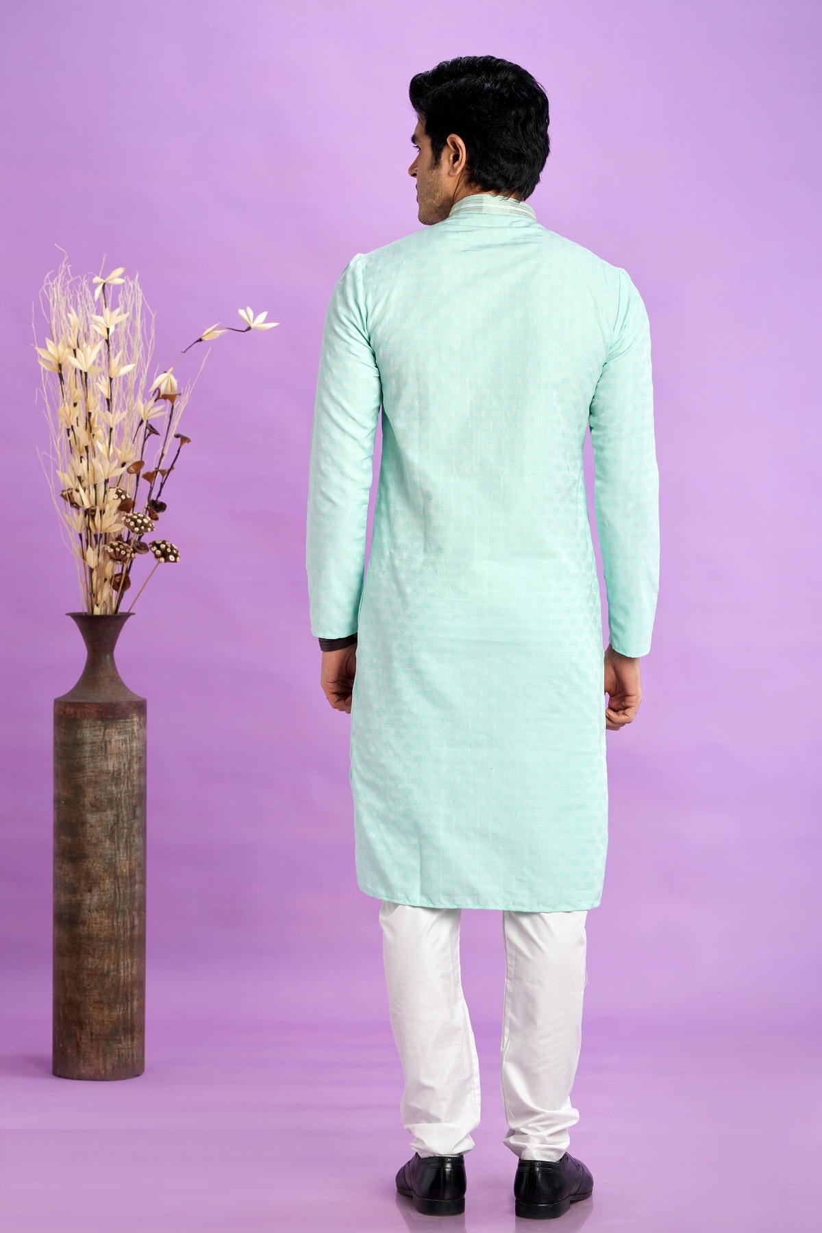 Jacquard Art Soft Silk Pintux Work Kurta Pajama In Sea Green Colour KP1230493 3