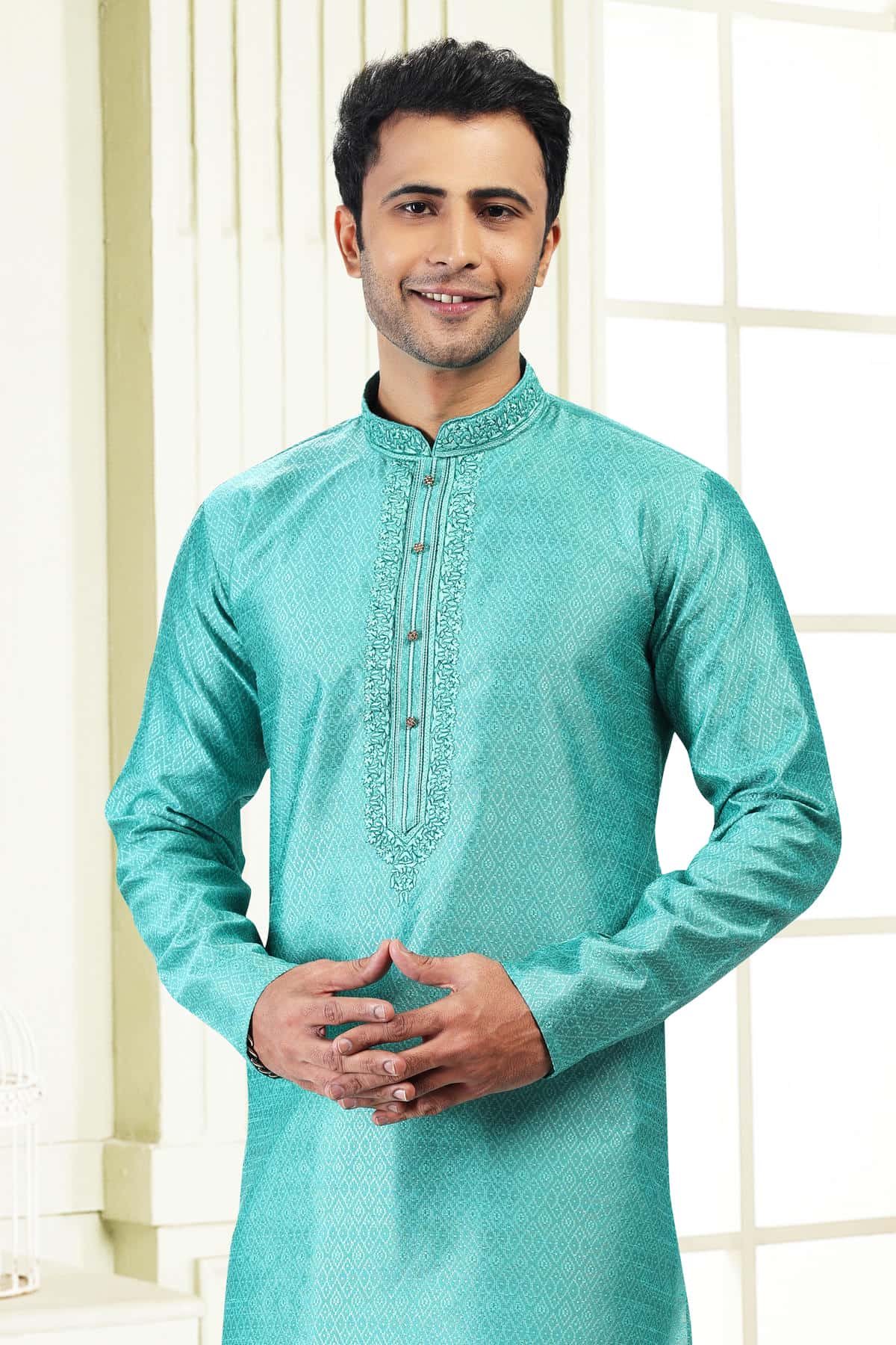 Jacquard Banarasi Silk Kurta Pajama In Cream colour KP1230357 D
