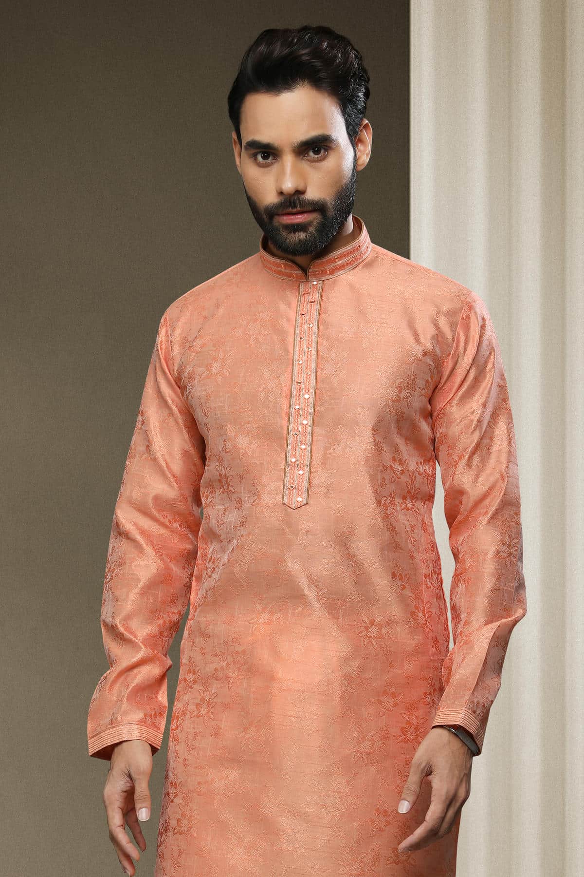 Jacquard Silk Brocade Kurta Pajama In Cream colour KP1230314 C