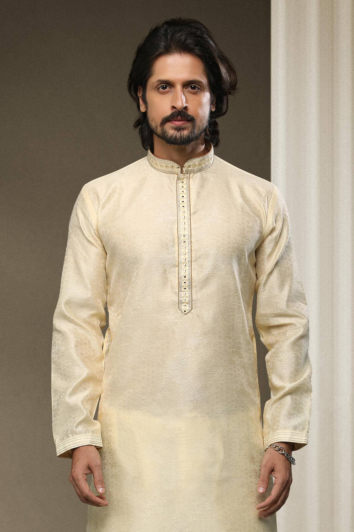 Jacquard Silk Brocade Kurta Pajama In Cream colour KP1230315 C