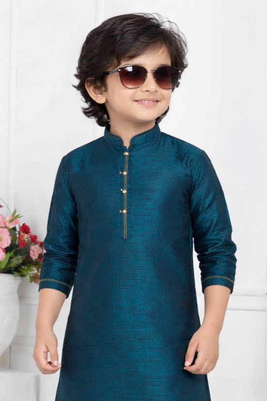 Jacquard Silk Brocade Pintux Work Kids Kurta Pajama In Blue Colour