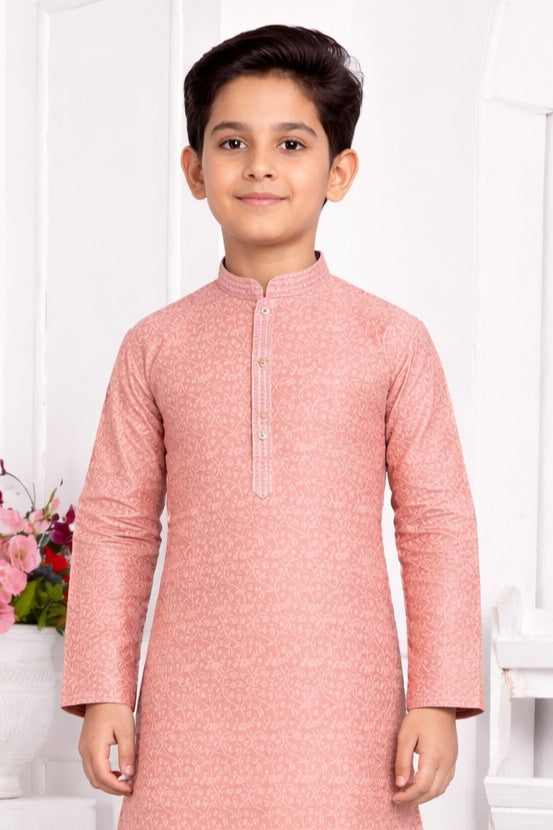 Jacquard Silk Brocade Pintux Work Kids Kurta Pajama In Peach Colour