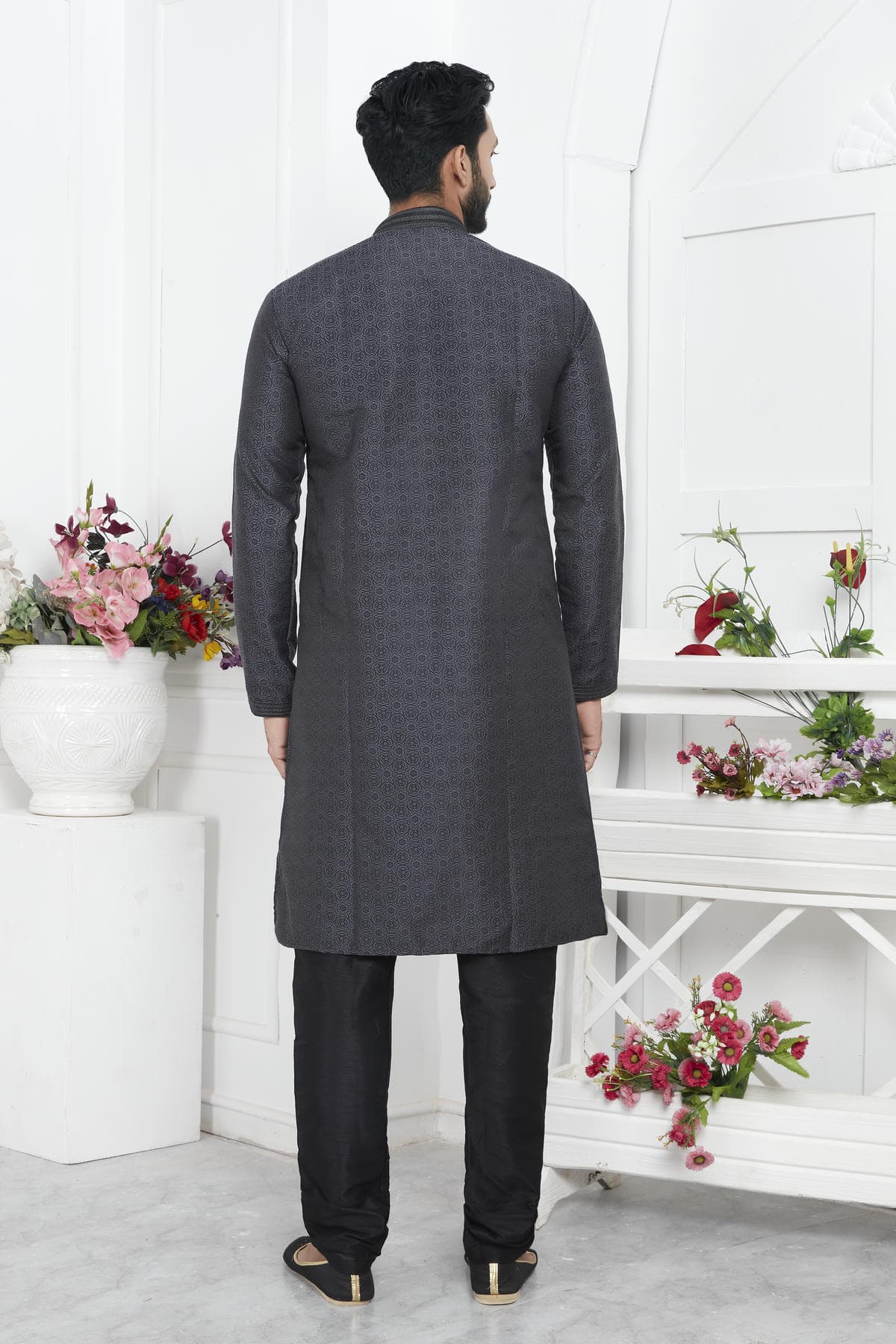 Jacquard Silk Brocade Pintux Work Kurta Pajama In Black Colour KP1230554 3