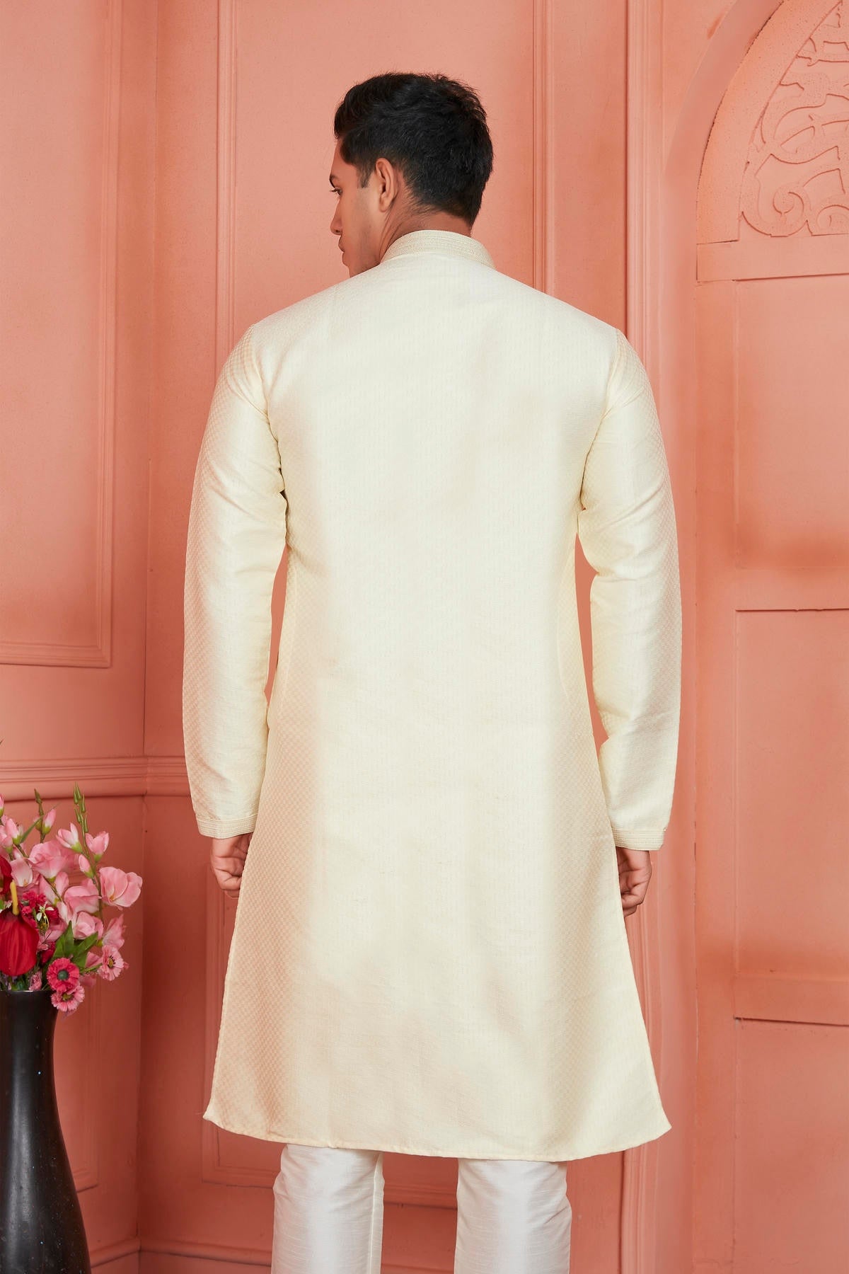 Jacquard Silk Brocade Pintux Work Kurta Pajama In Cream Colour KP1230538 3
