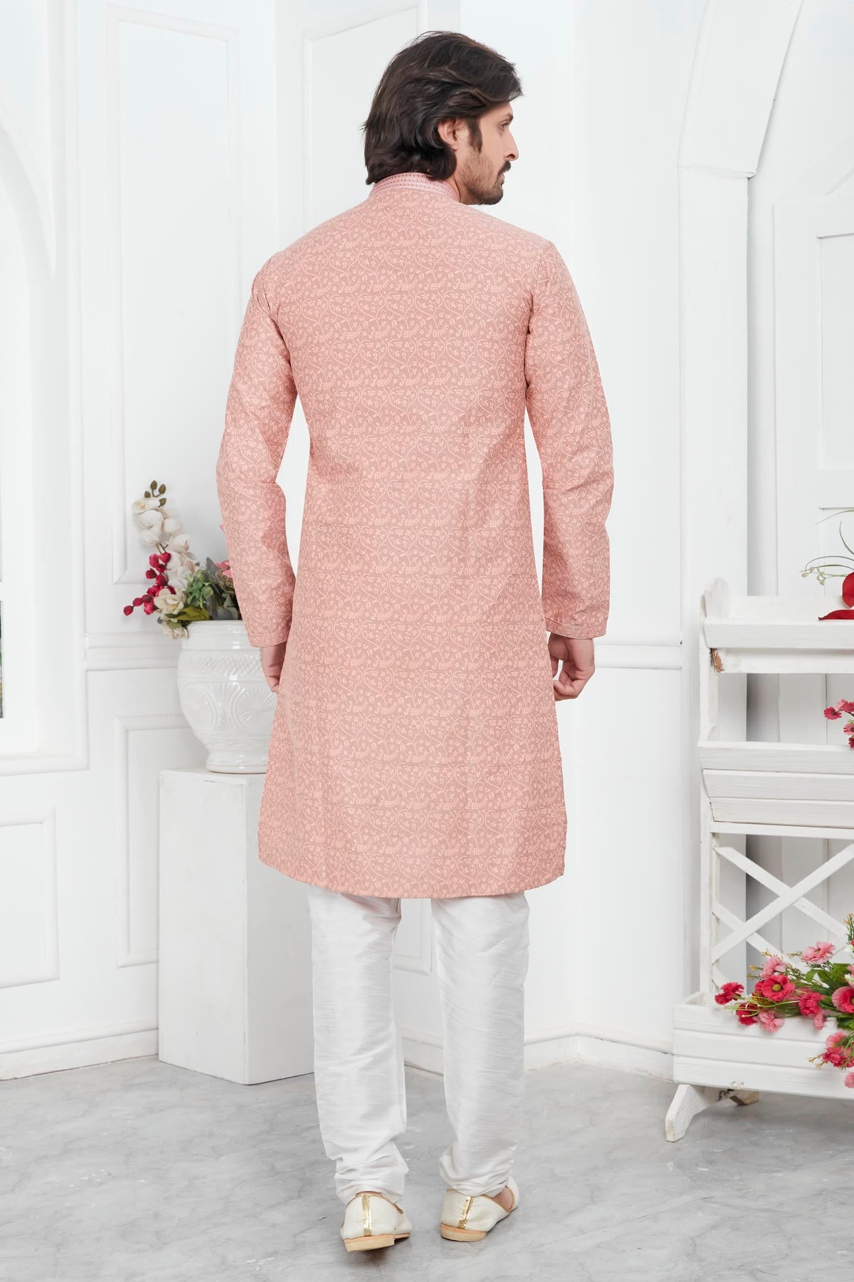 Jacquard Silk Brocade Pintux Work Kurta Pajama In Peach Colour KP1230545 3