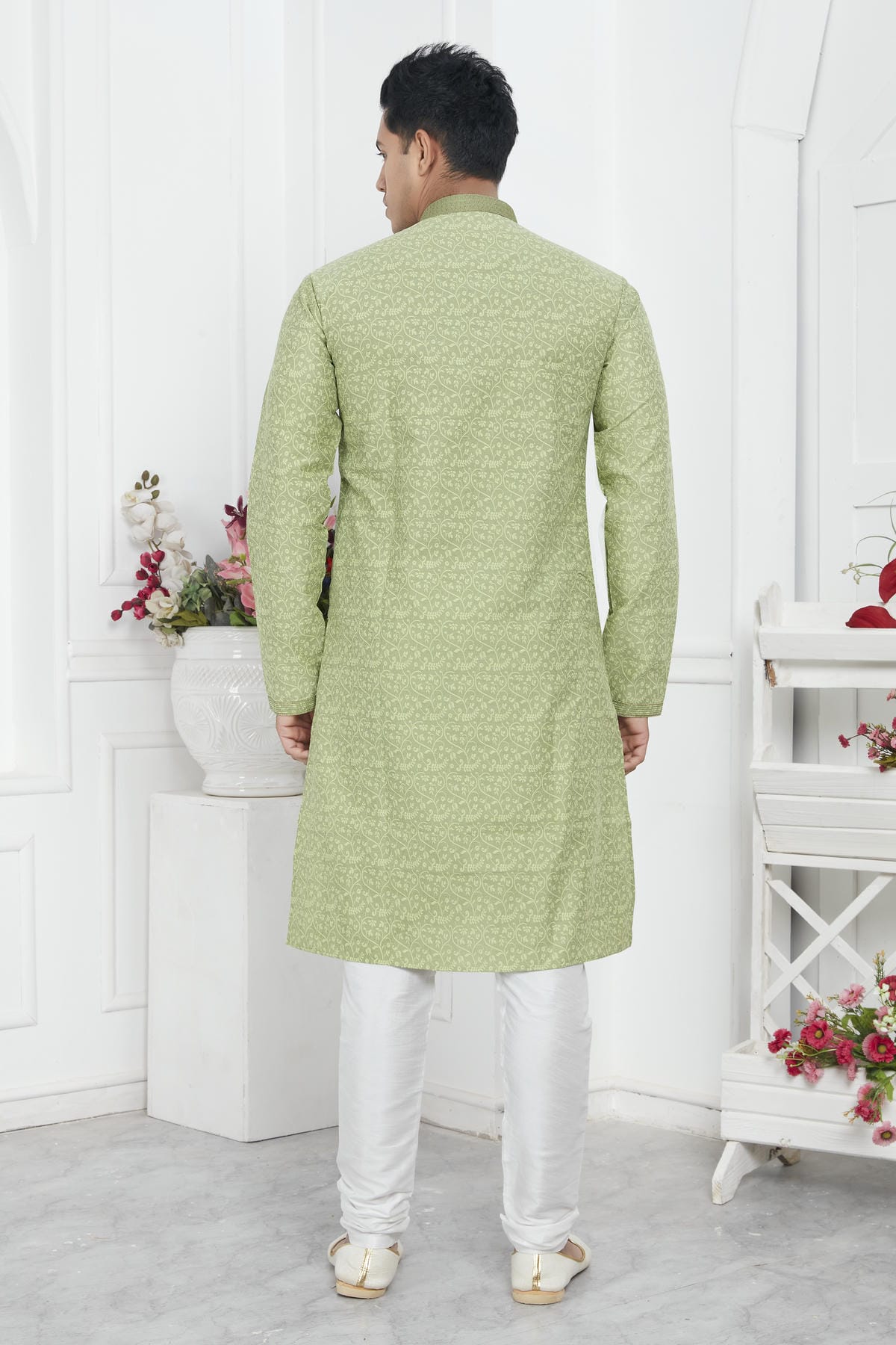 Jacquard Silk Brocade Pintux Work Kurta Pajama In Pista Green Colour KP1230544 3
