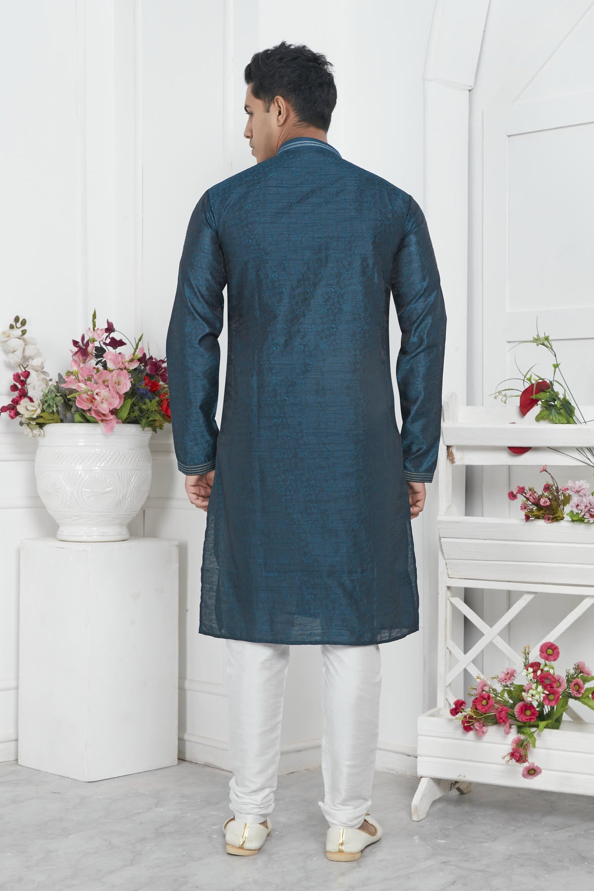 Jacquard Silk Brocade Pintux Work Kurta Pajama In Teal Colour KP1230547 3