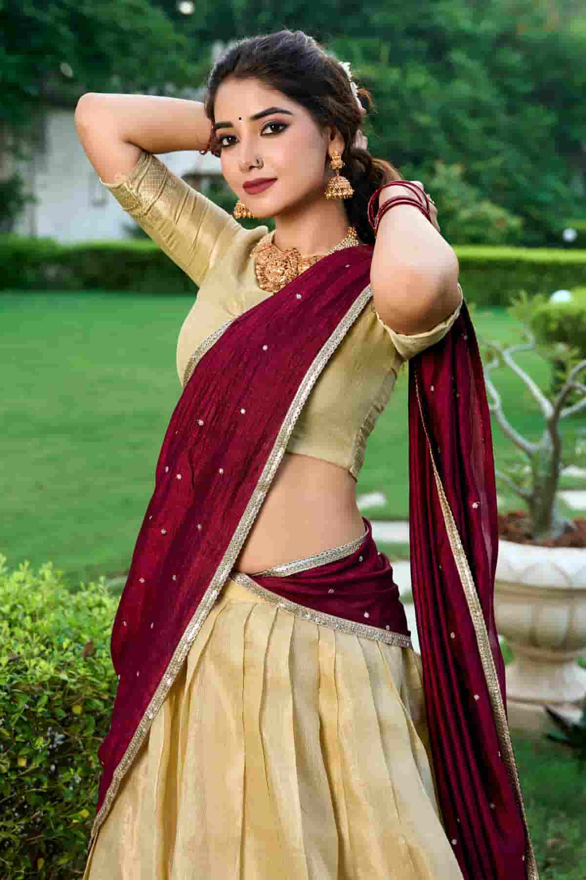 Kanchipuram Zari Woven Work Lehenga Choli In Cream Colour