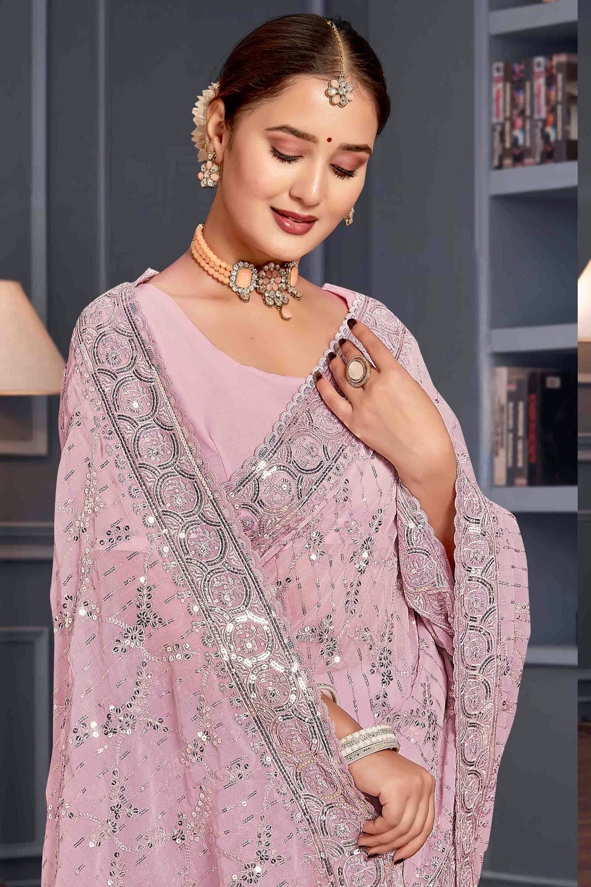 Lavender Colour Georgette Embroidery Work Designer Saree SD1091251 A