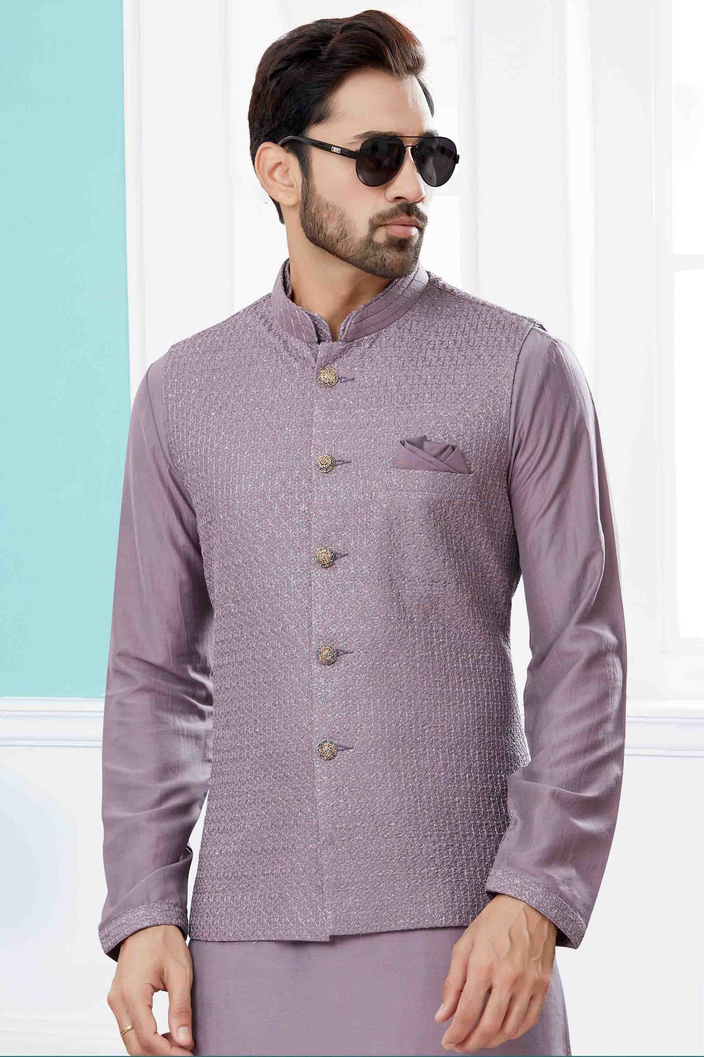 Lavender Colour Kurta Pajama With Jacket In Silk Dupion Fabric KP1040460 A