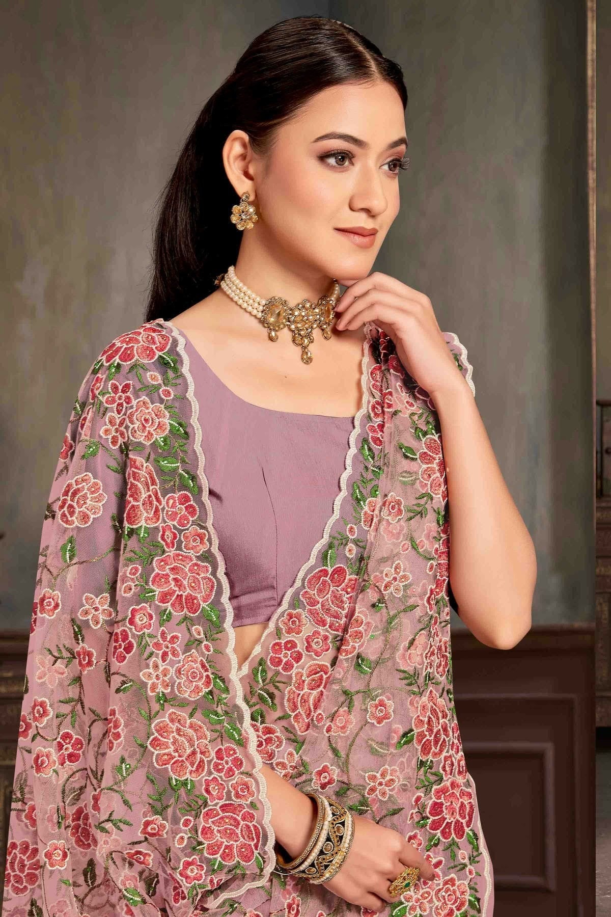 Lavender Colour Net Embroidery Work Designer Saree SD1091236 A