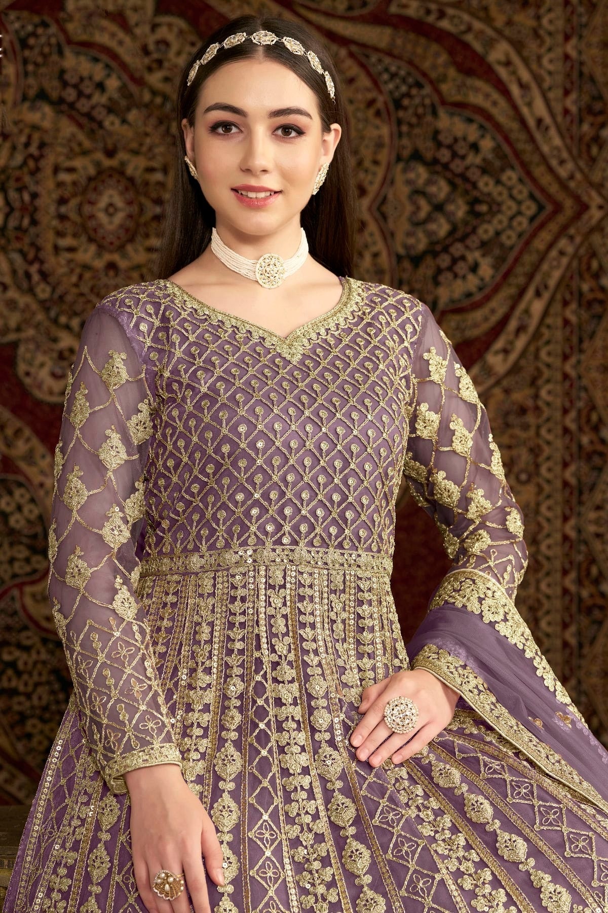 Lavender Colour Net Semi Stitched Anarkali Suit SM1050659 B