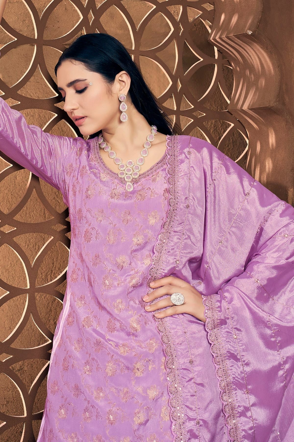 Lavender Colour Semi Stitched Viscose Chinon Palazzo Pant Suit SM1140292 A