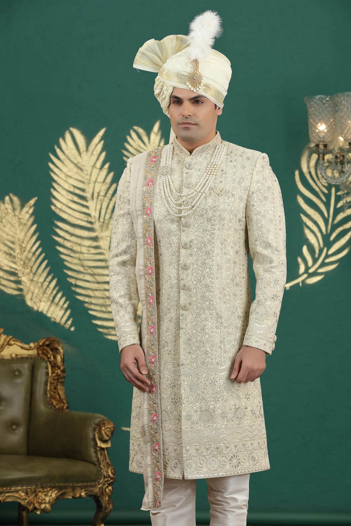 Lemon Cream Colour Art Silk Embroidery Sherwani