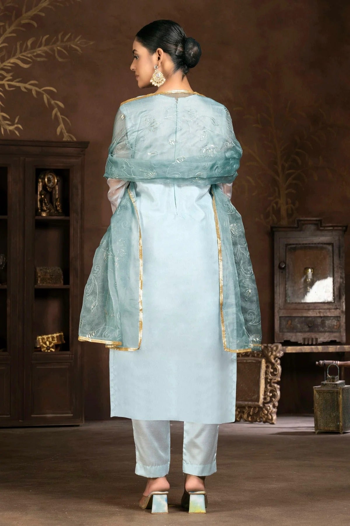 Light Blue Colour Unstitched Organza Pant Style Suit US1160835 A