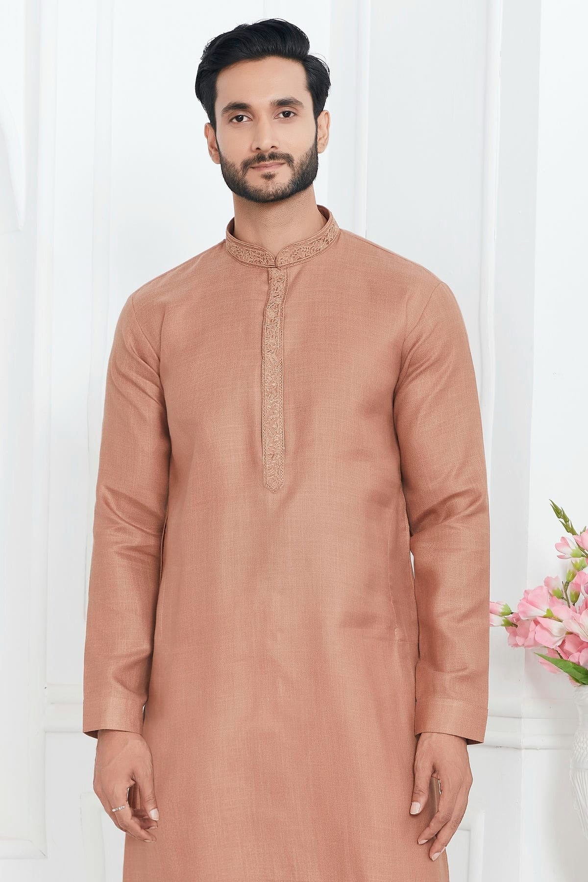 Light Brown Colour Linen Cotton Thread Work Kurta Pajama KP1230143 B