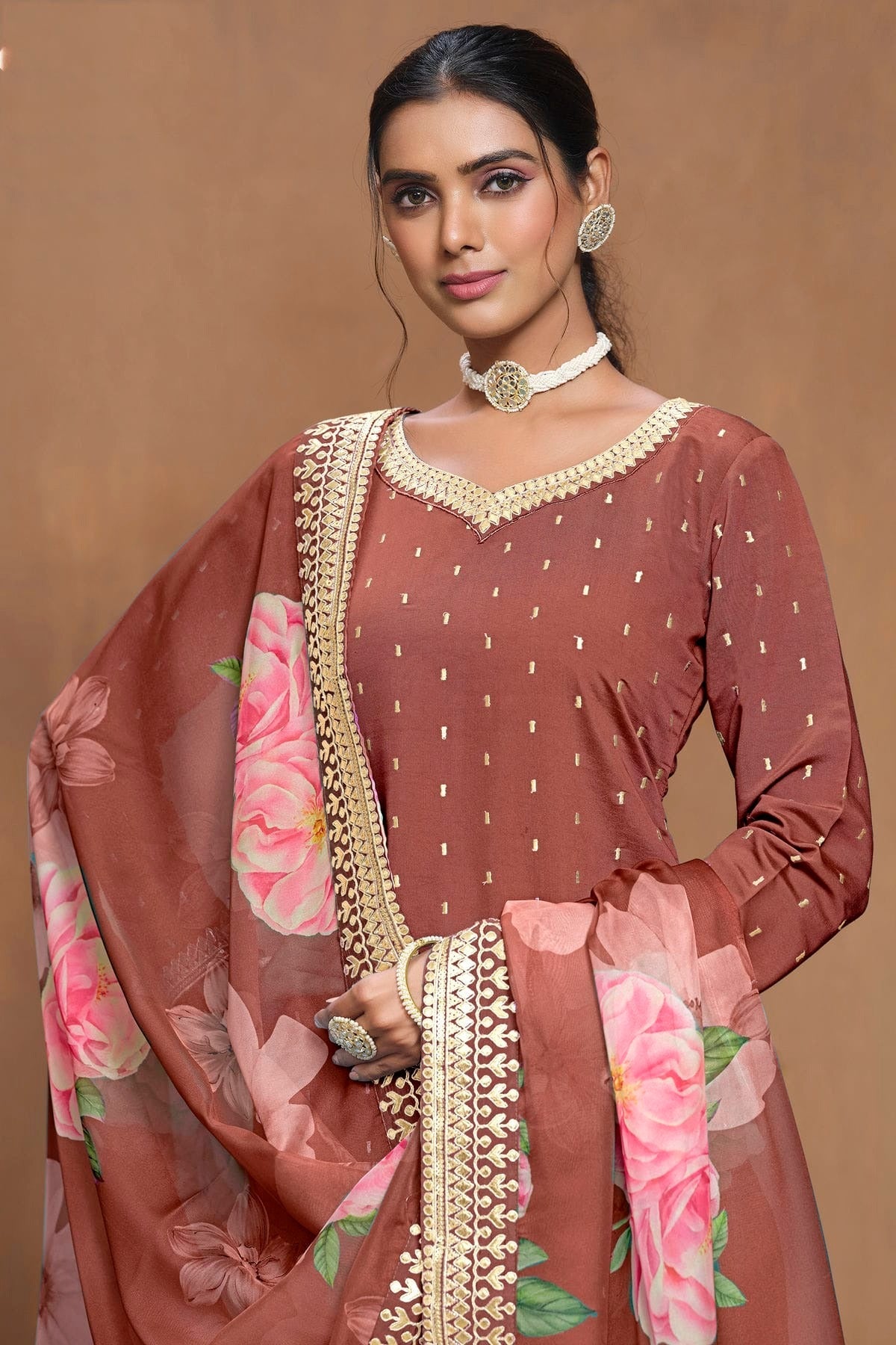 Light Brown Colour Roman Silk Sharara Suit SM1050567 A