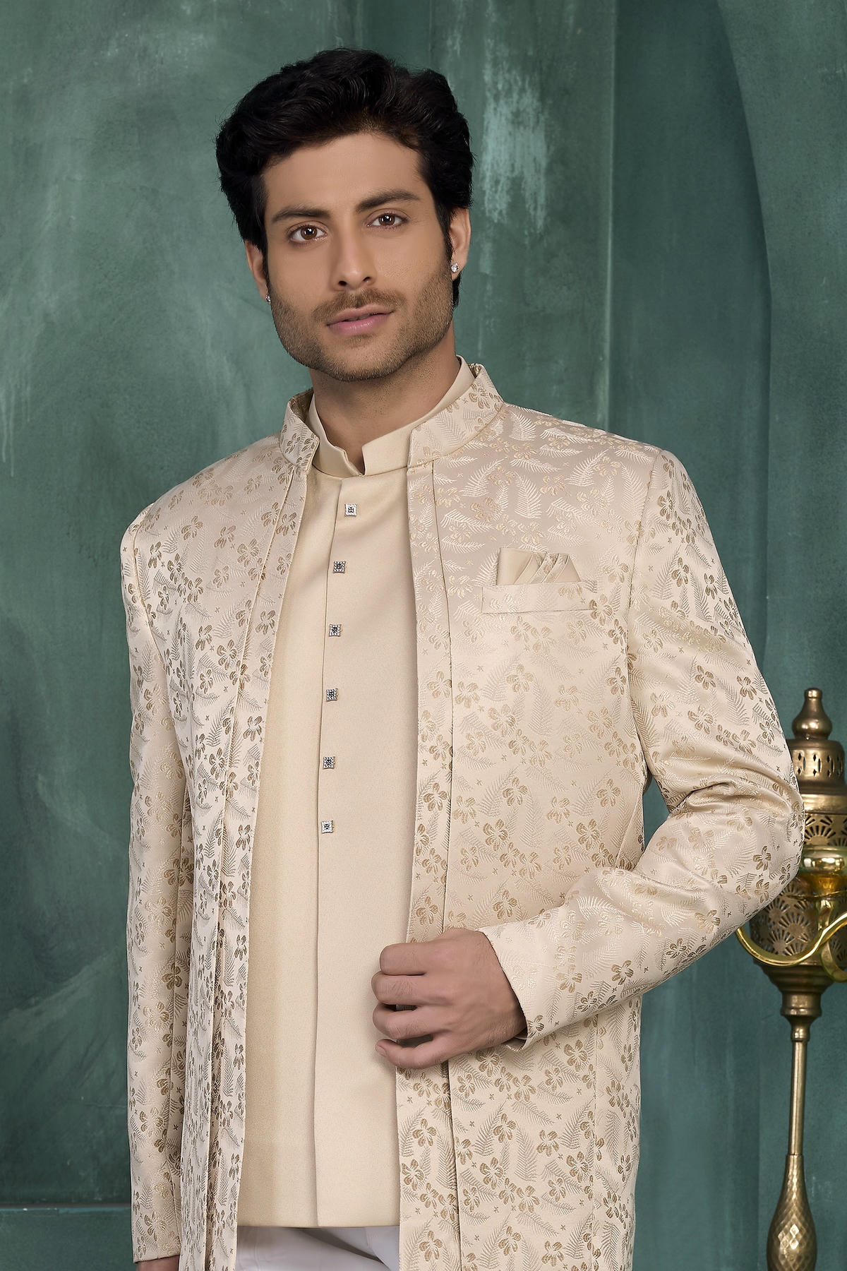 Light Brown Colour Thread Work Embroidery Jacquard Silk Jodhpuri