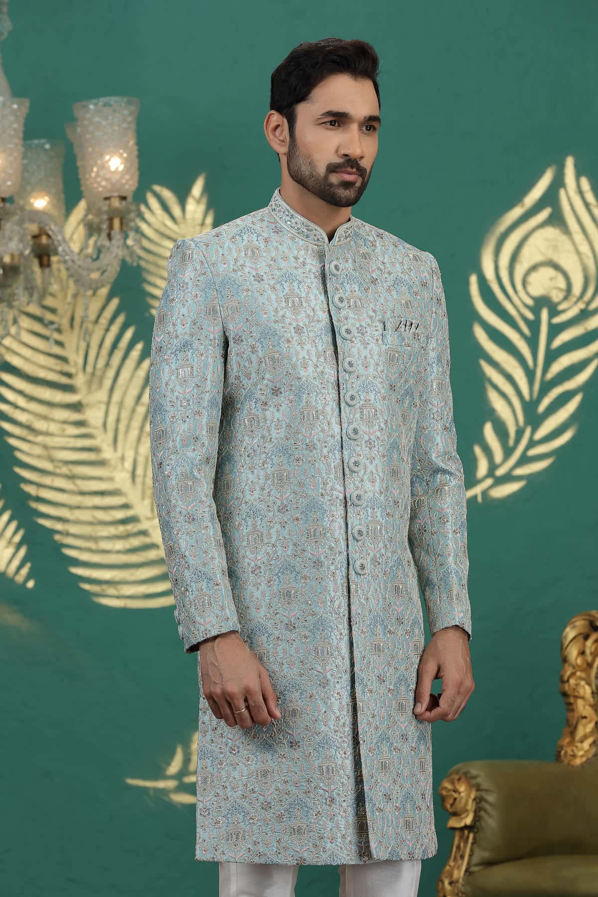Light Green Colour Art Silk Embroidery Sherwani