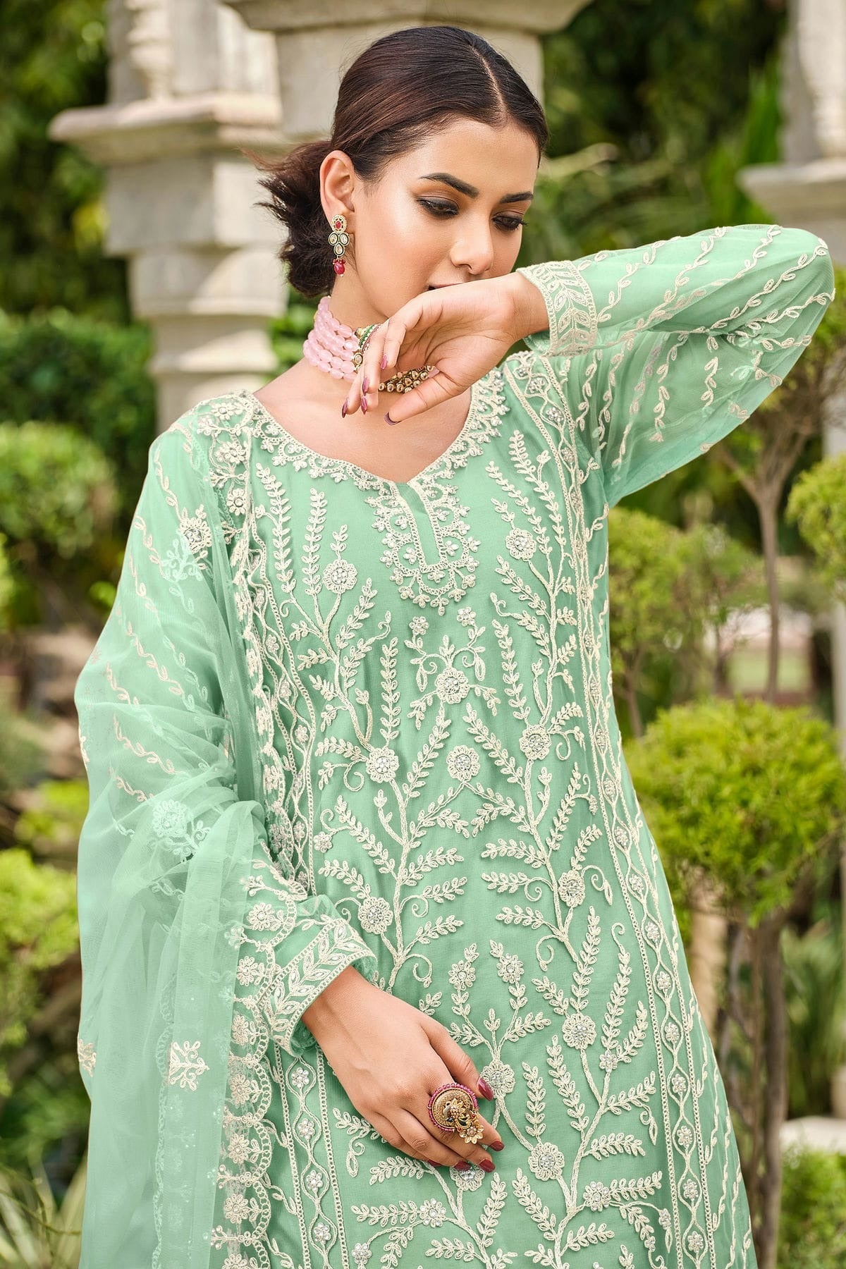 Light Green Colour Butterfly Net Palazzo Pant Suit SM1110577 A