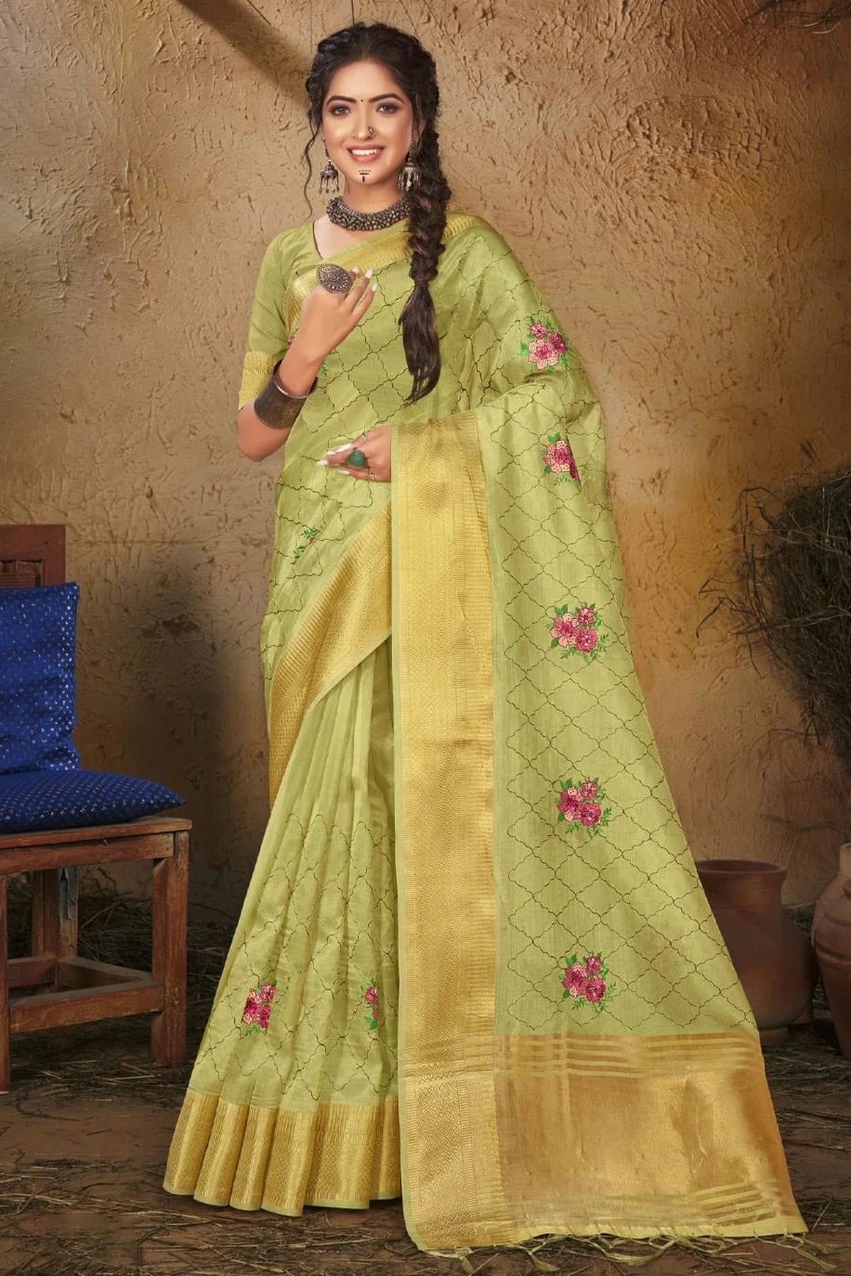 Light Green Colour Embroidery Work Organza Saree SD1101381