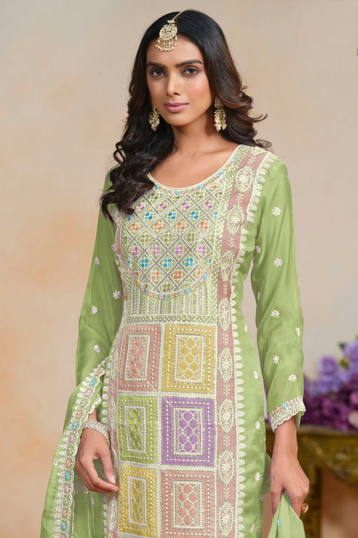 Light Green Colour Soft Organza Semi Stitched Pant Style Suit SM1050619 B