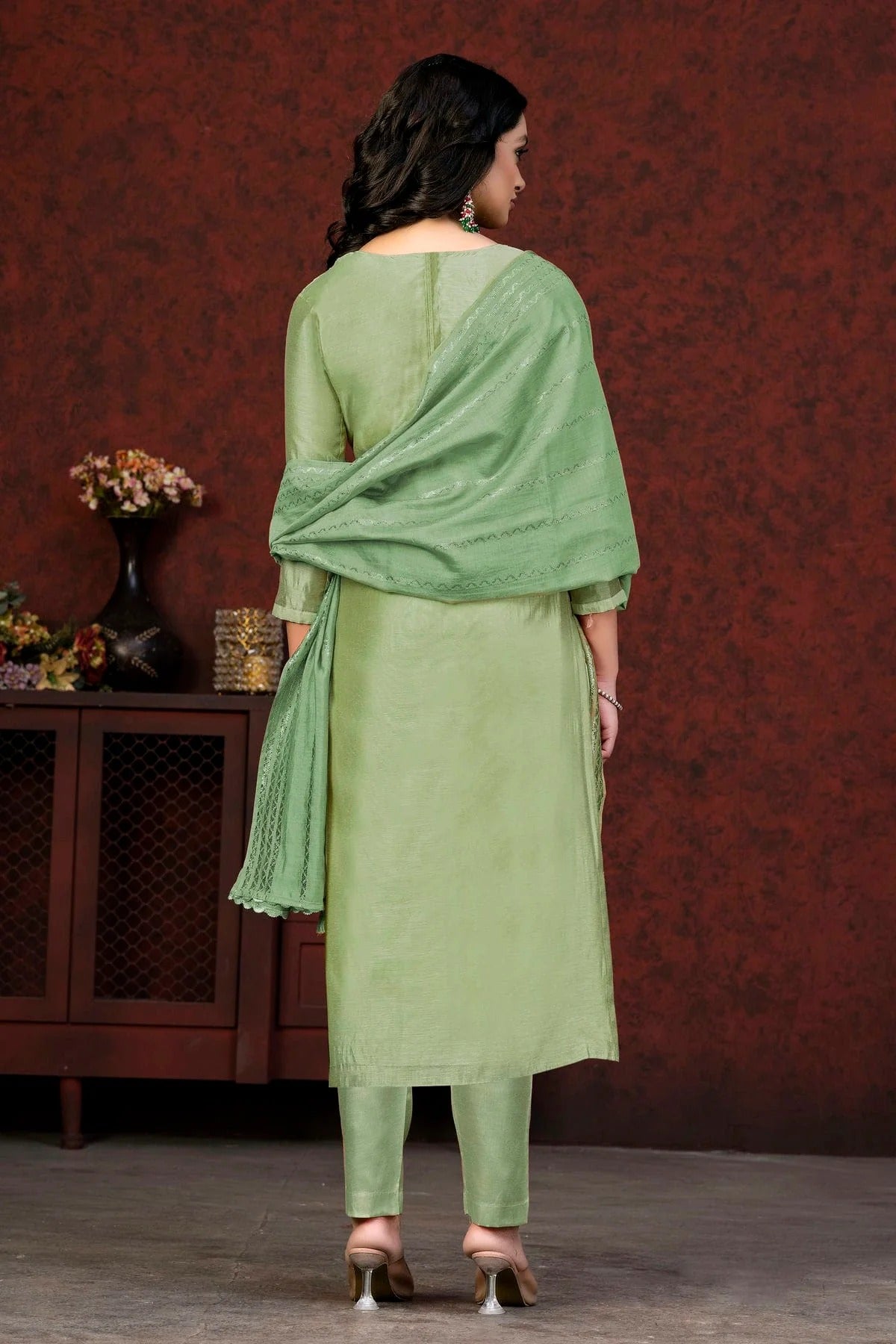 Light Green Colour Unstitched Modal Cotton Pant Style Suit US1161371 A