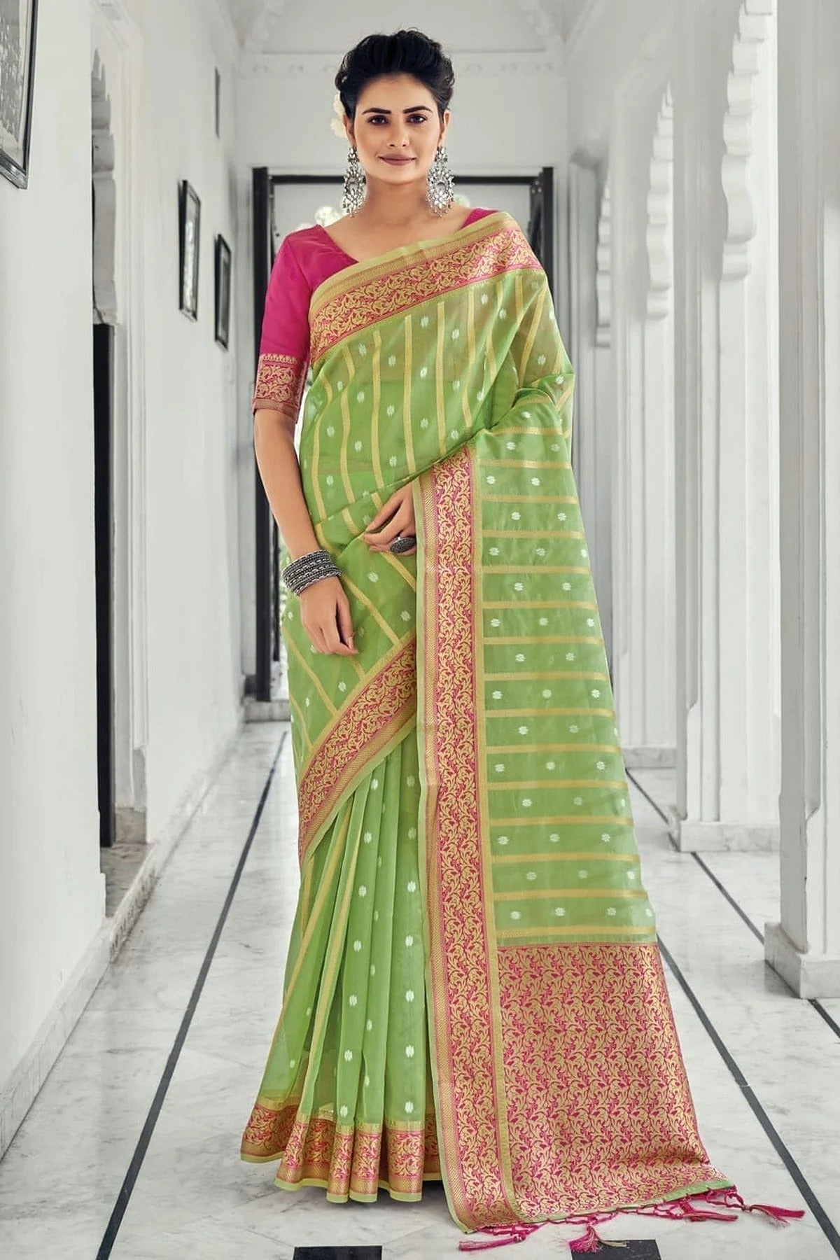 Light Green Colour Woven Work Organza Saree SD1101340