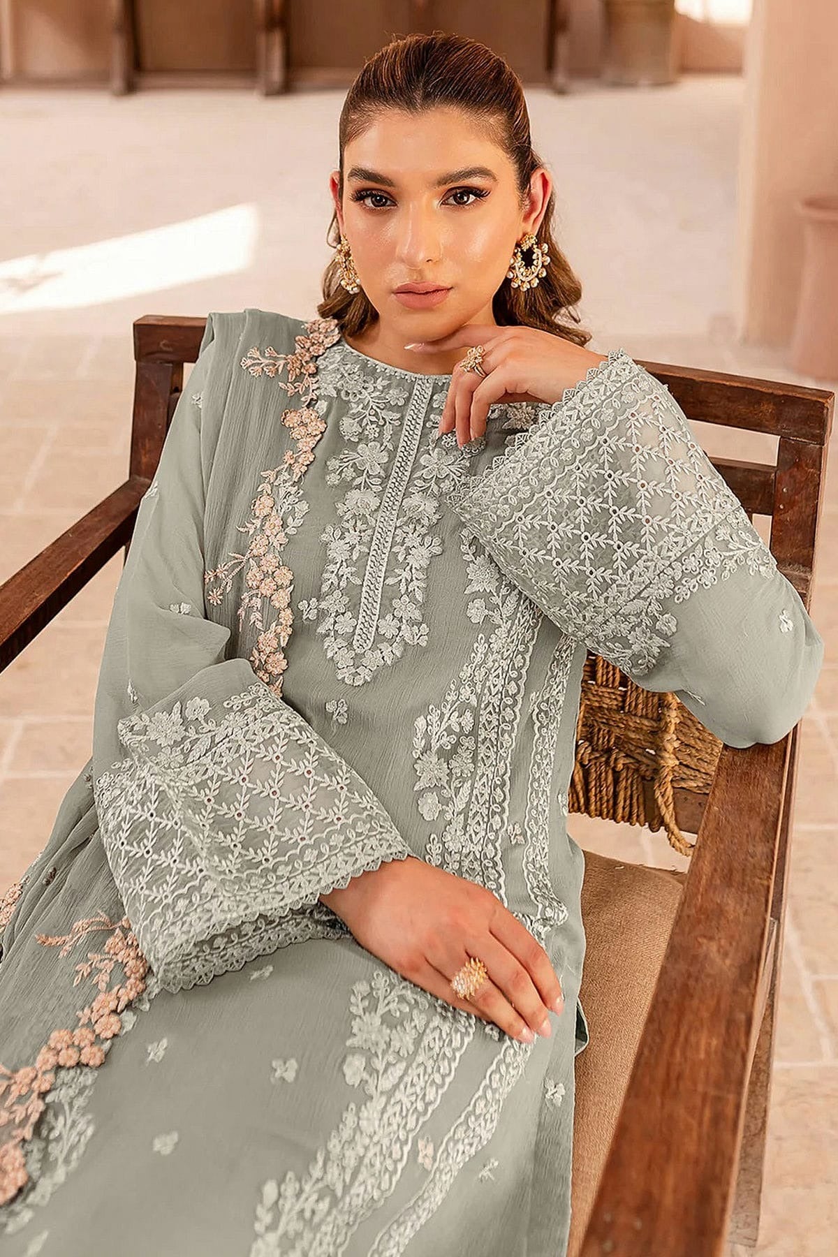 Light Grey Colour Faux Georgette Semi Stitched Pakistani Suit SM1140478 A