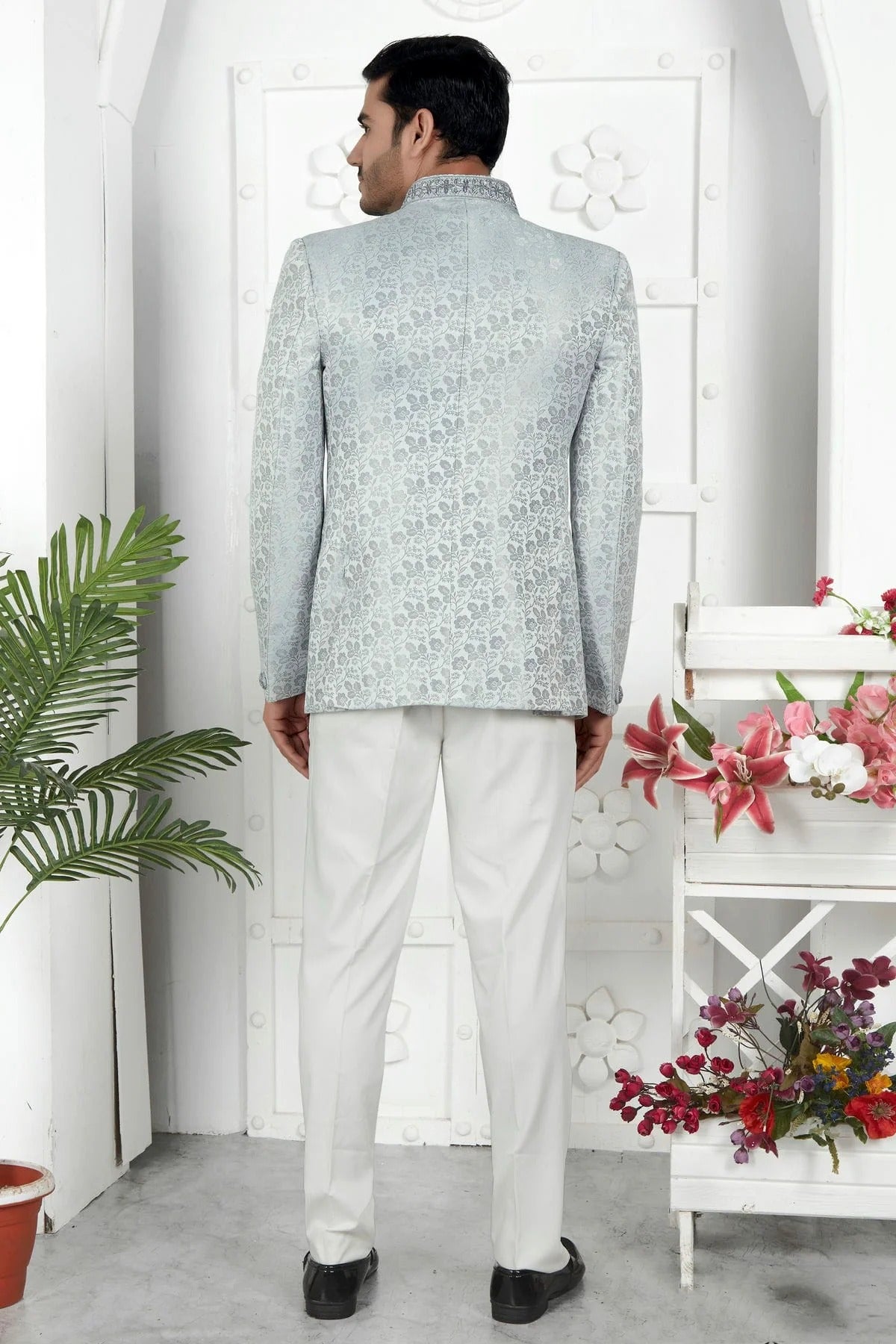 Light Grey Colour Jacquard Silk Jodhpuri Jacket JP1230103 B