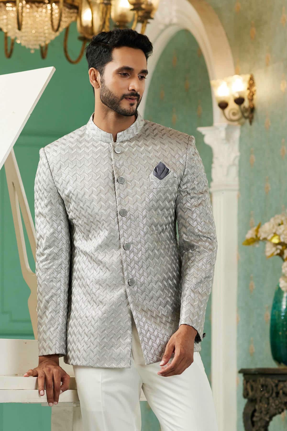 Light Grey Colour Thread Work Embroidery Art Silk Jodhpuri Set JP1230632