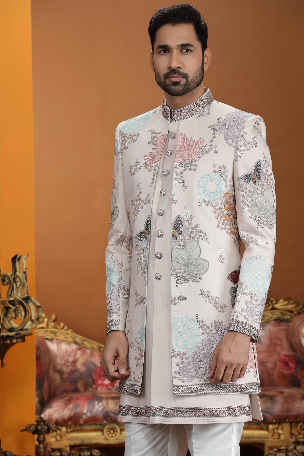 Light Peach Colour Art Silk Embroidery 3 Pcs Jacket Set
