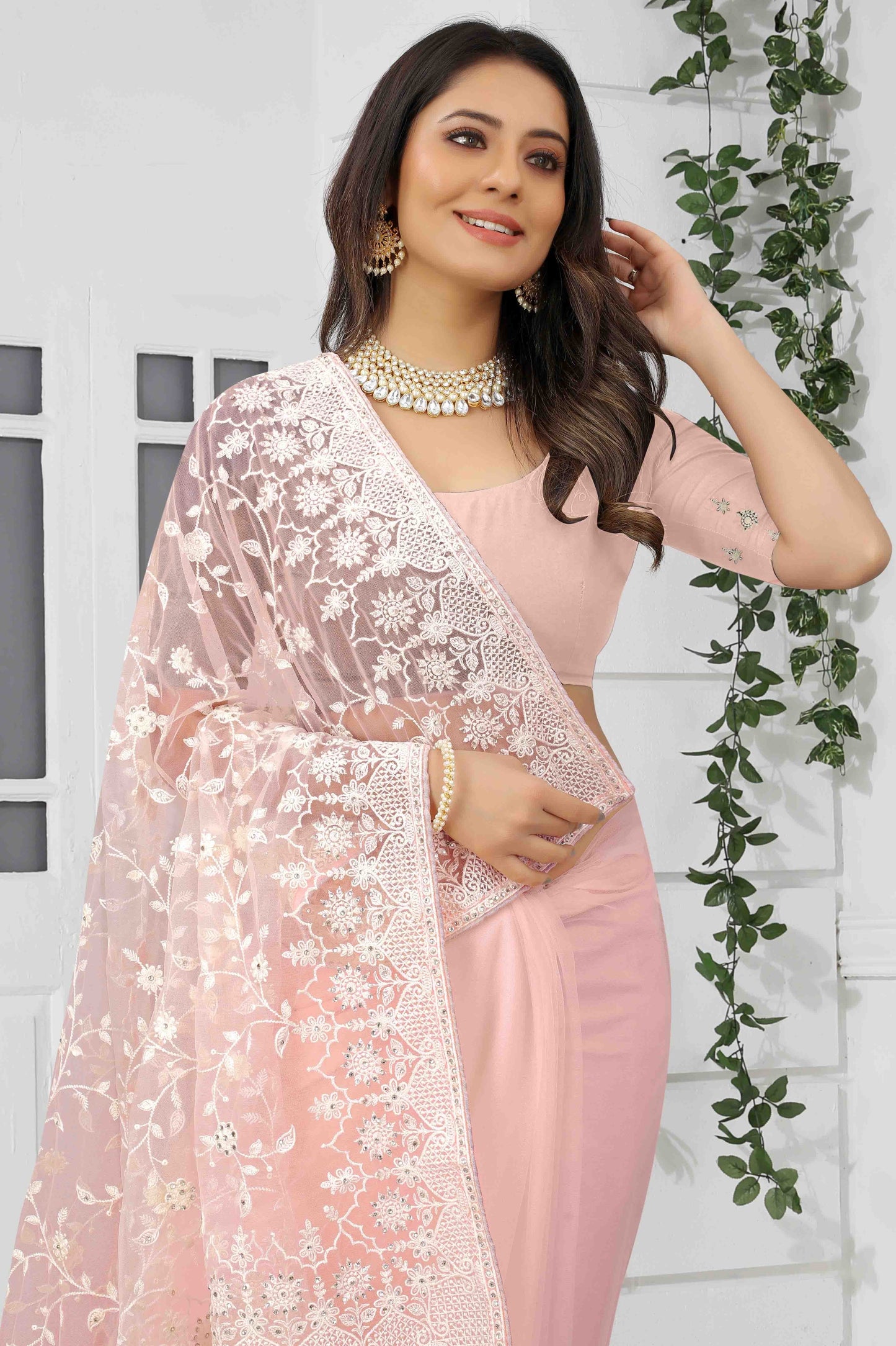 Light Peach Colour Net Designer Saree SD1090558 A