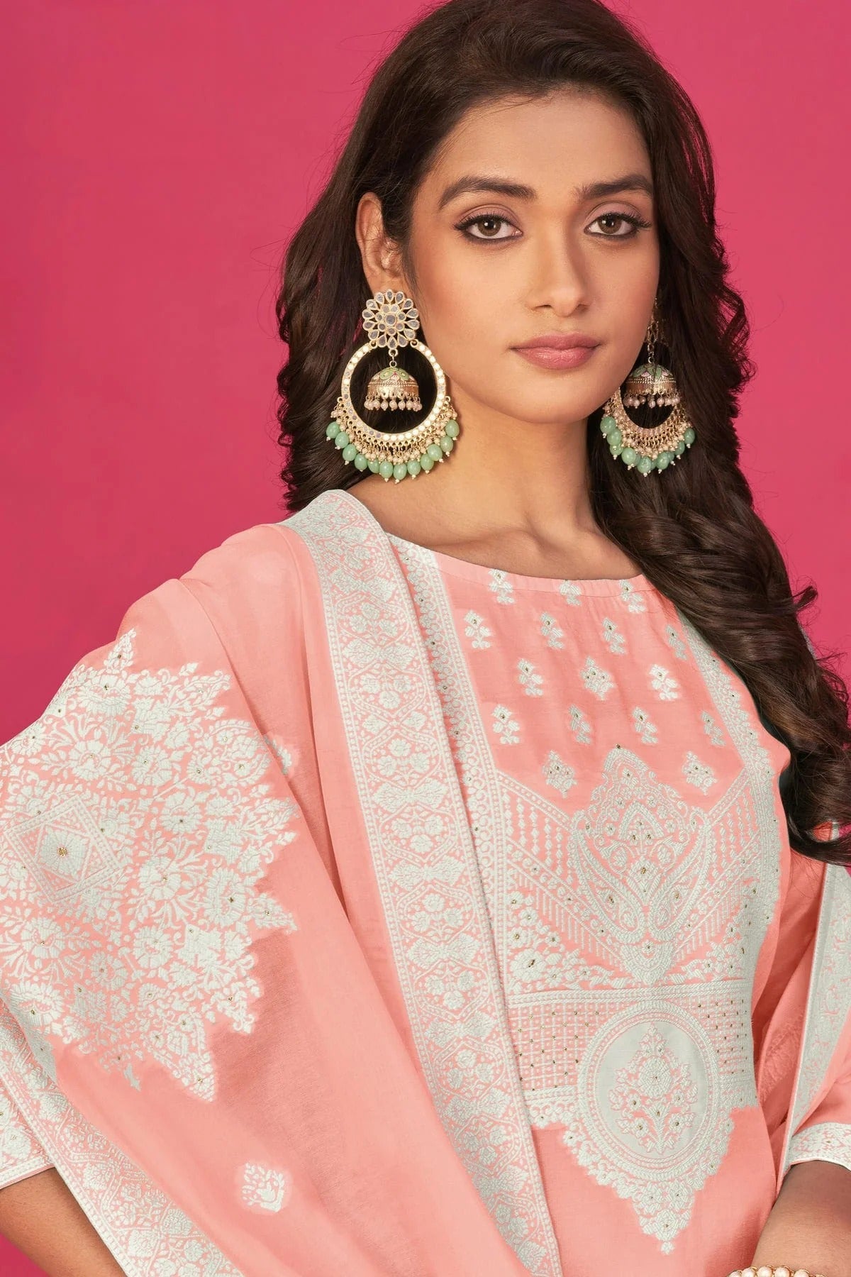 Light Pink Colour Semi Stitched Jacquard Straight Suit SM1140196 A