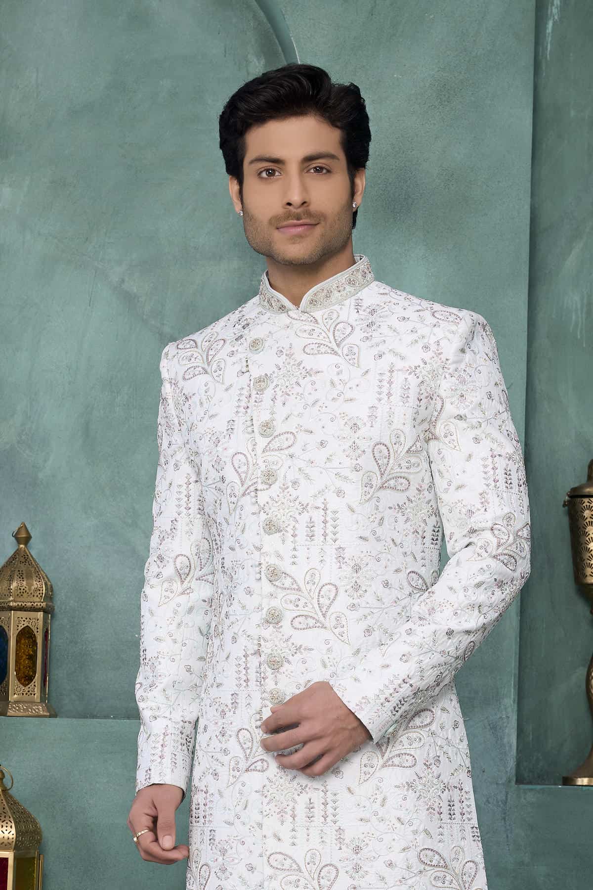 Light Pista Green Colour Art Silk Embroidery Work Sherwani