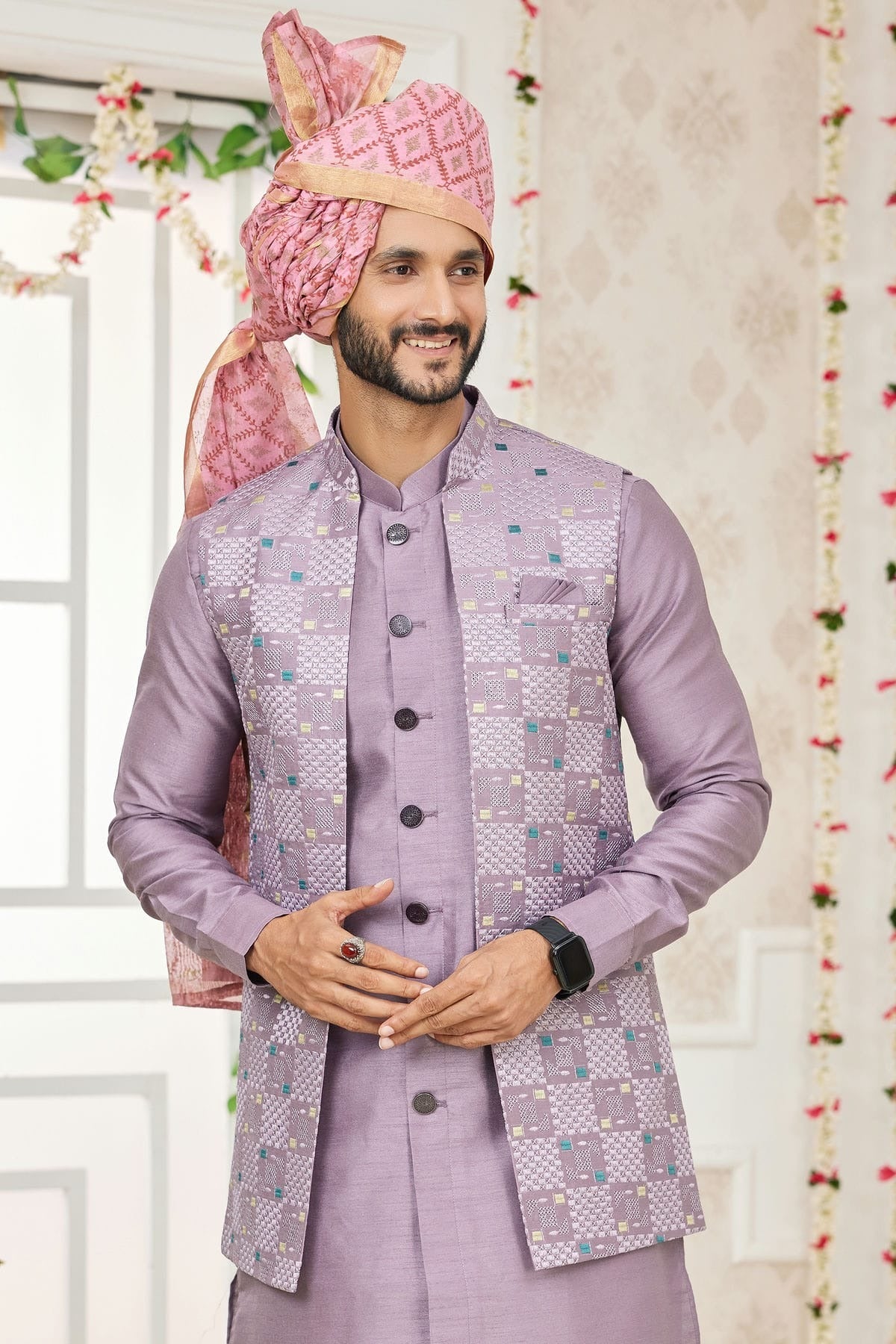 Light Purple Colour Art Silk Kurta Pajama With Jacket KP1230267 B