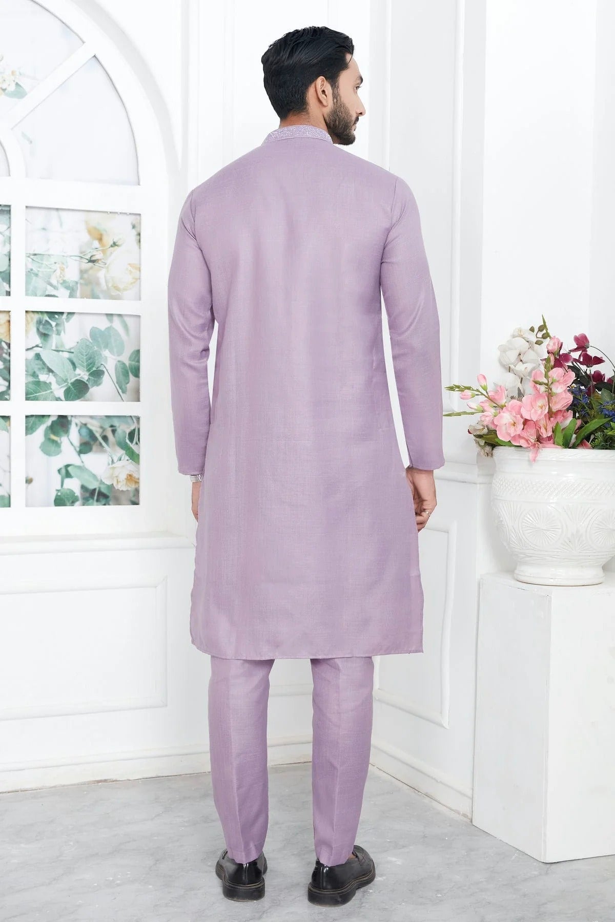 Light Purple Colour Linen Cotton Thread Work Kurta Pajama KP1230135 B