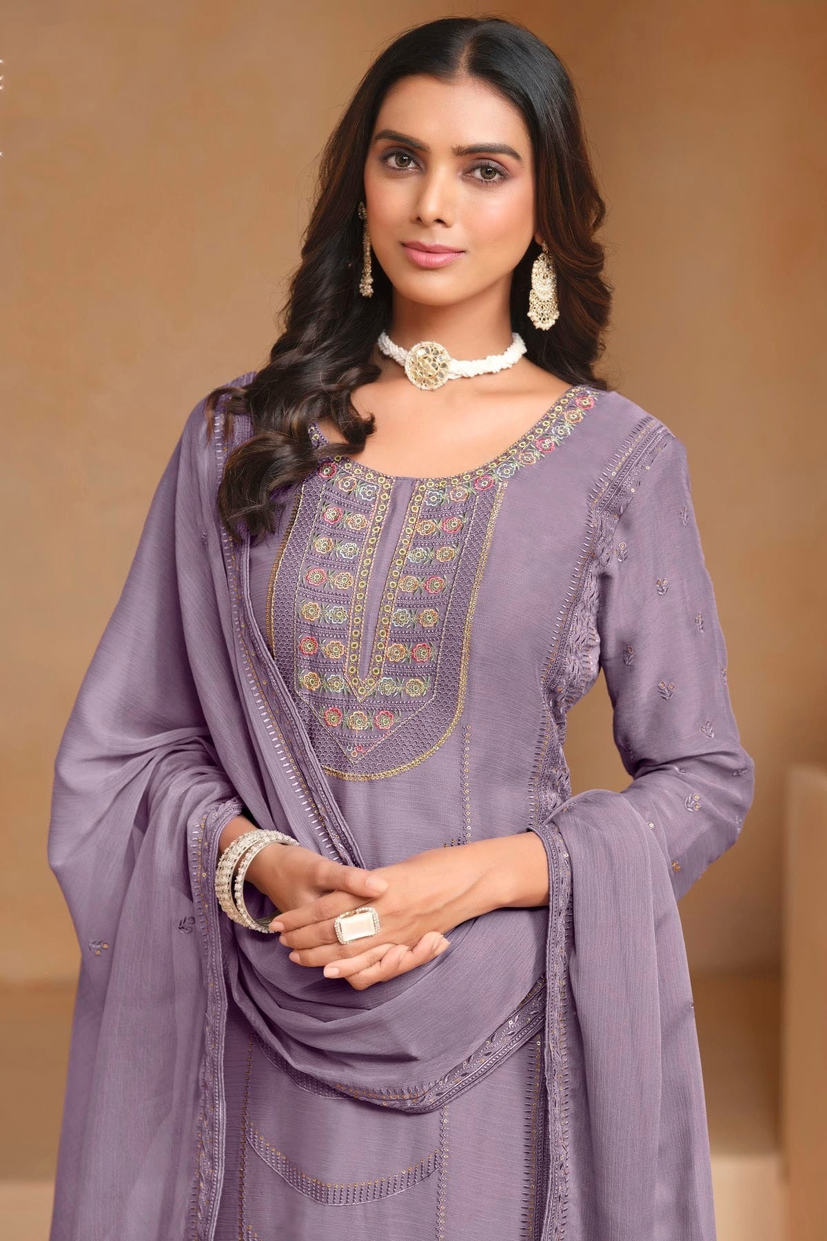 Light Purple Colour Organza Chiffon Semi Stitched Pant Style Suit SM1050610 B