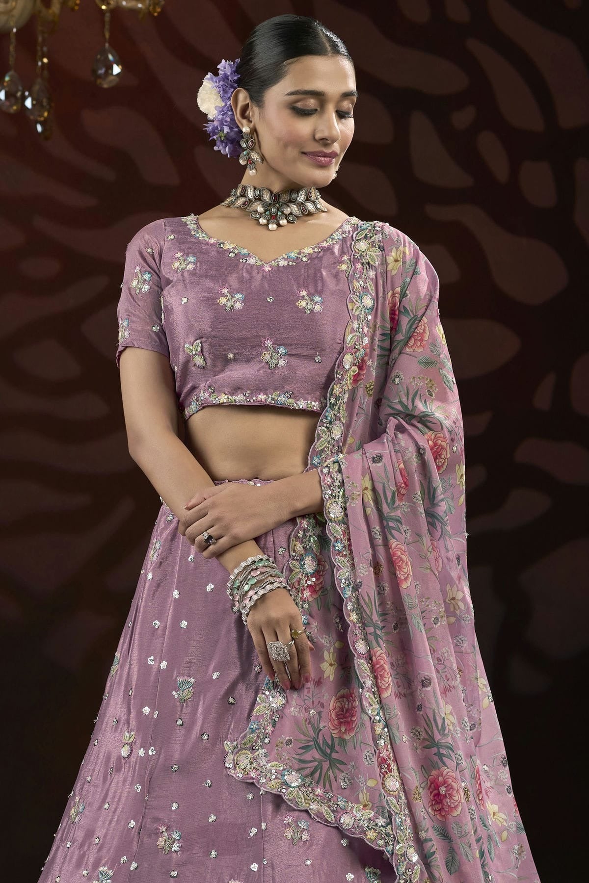 Light Purple Colour Semi Stitched Chinon Lehenga Choli LC1112518 B