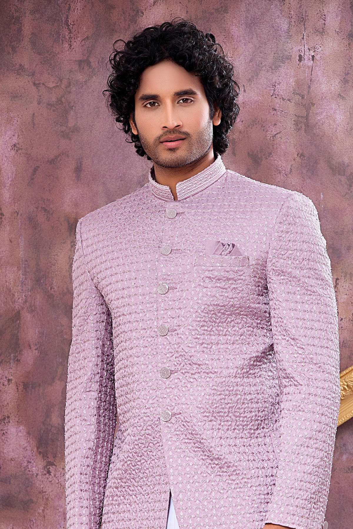 Light Purple Colour Thread Work Embroidery Art Silk Jodhpuri