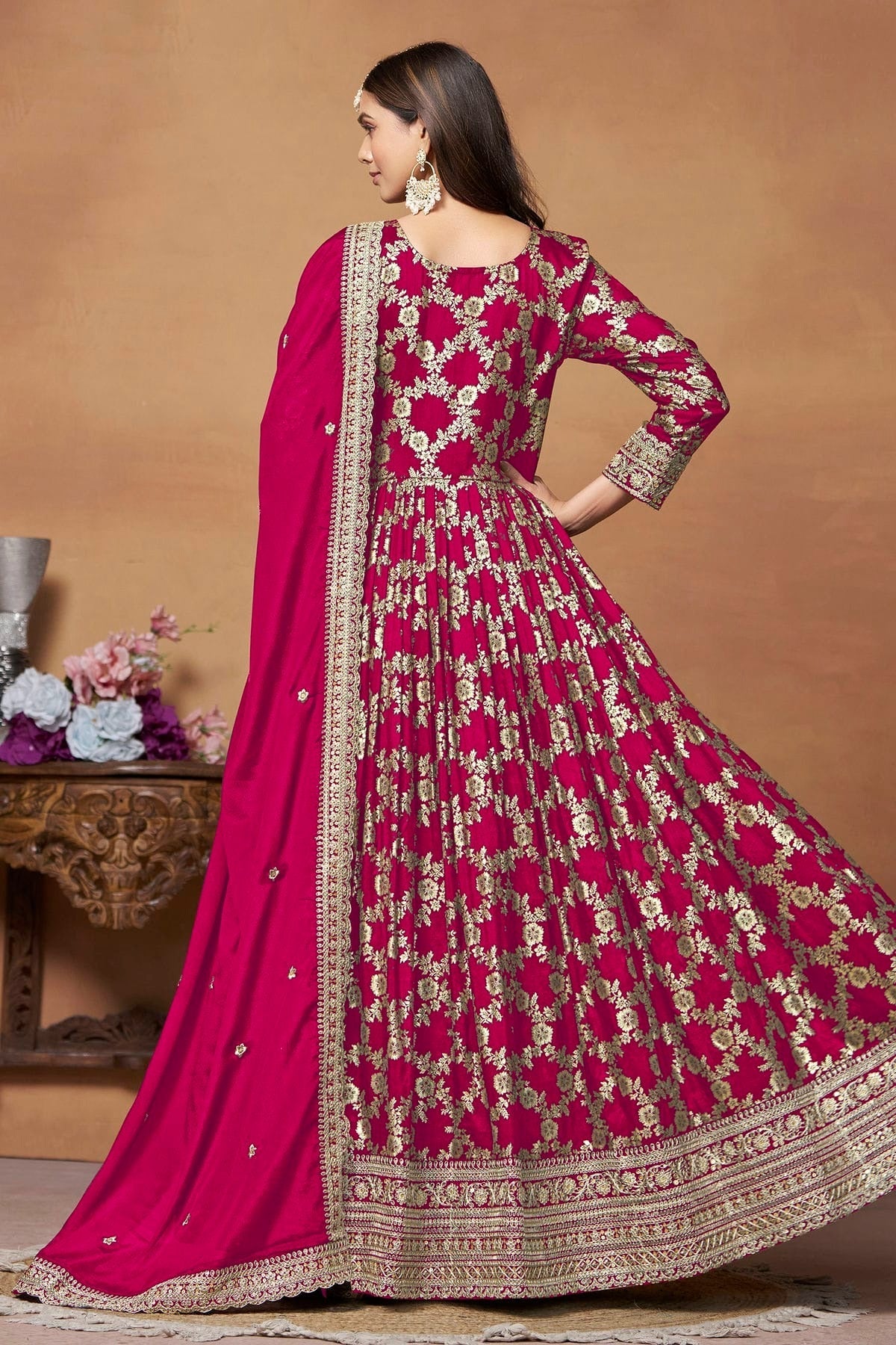 Magenta Colour Anarkali Suit Dola Jacquard Semi Stitched SM1050543 A