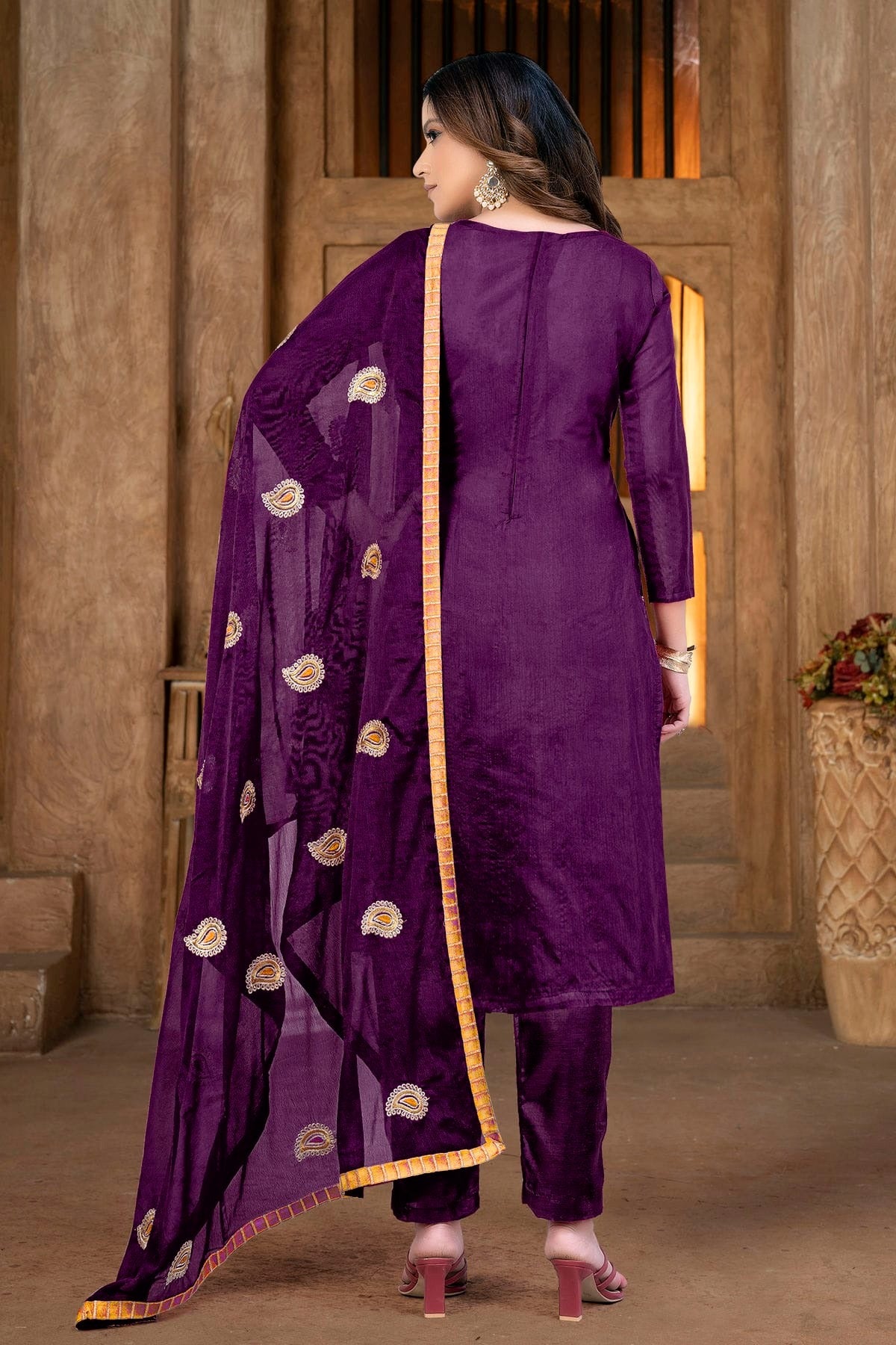Magenta Colour Unstitched Modal Chanderi Pant Style Suit US1160859 A