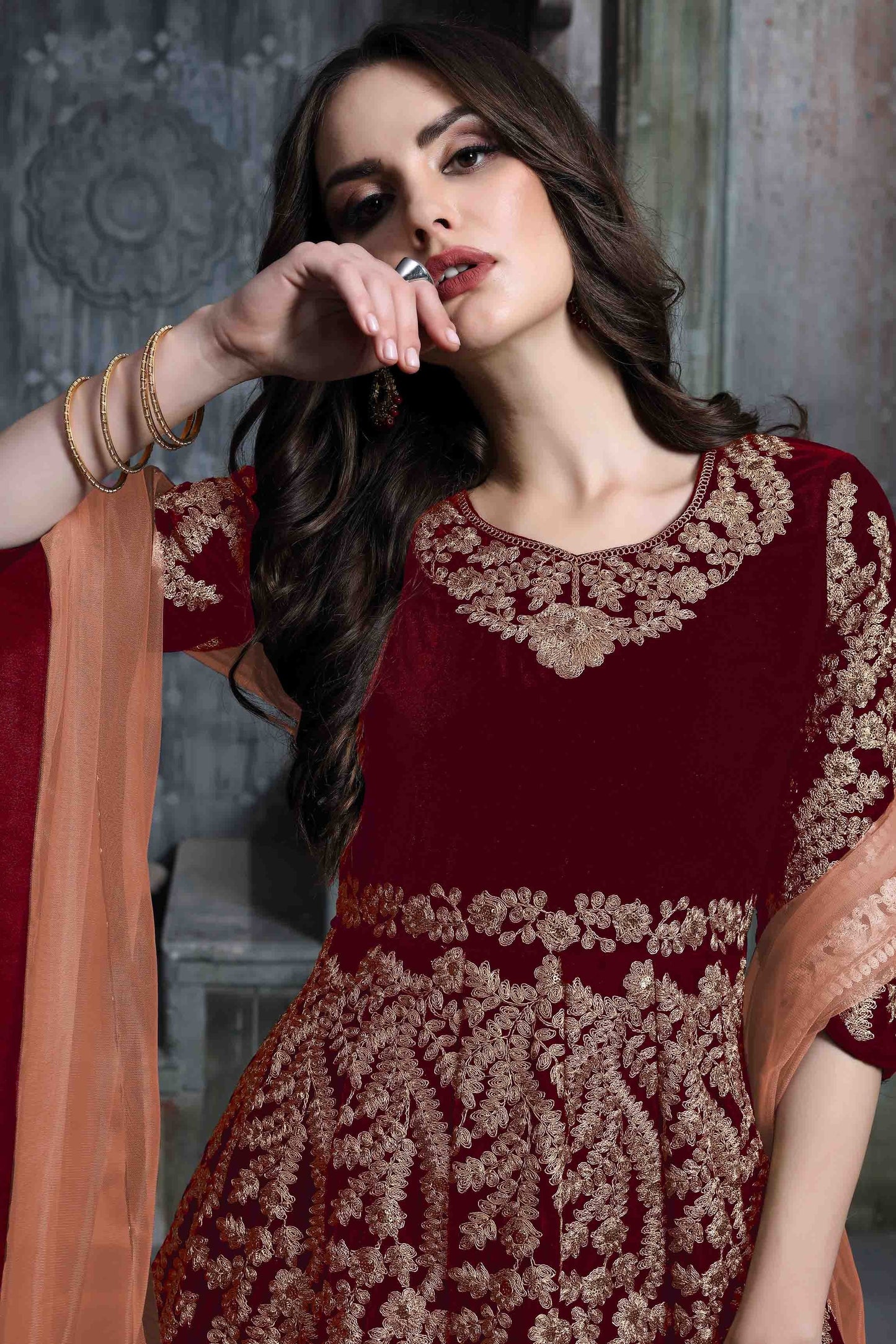 Maroon Colour 9000 Velvet Semi Stitched Anarkali Suit SM1050273 A