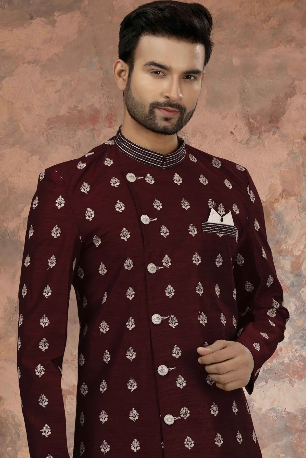 Maroon Colour Art Silk Thread Work Sherwani SH1040347 A